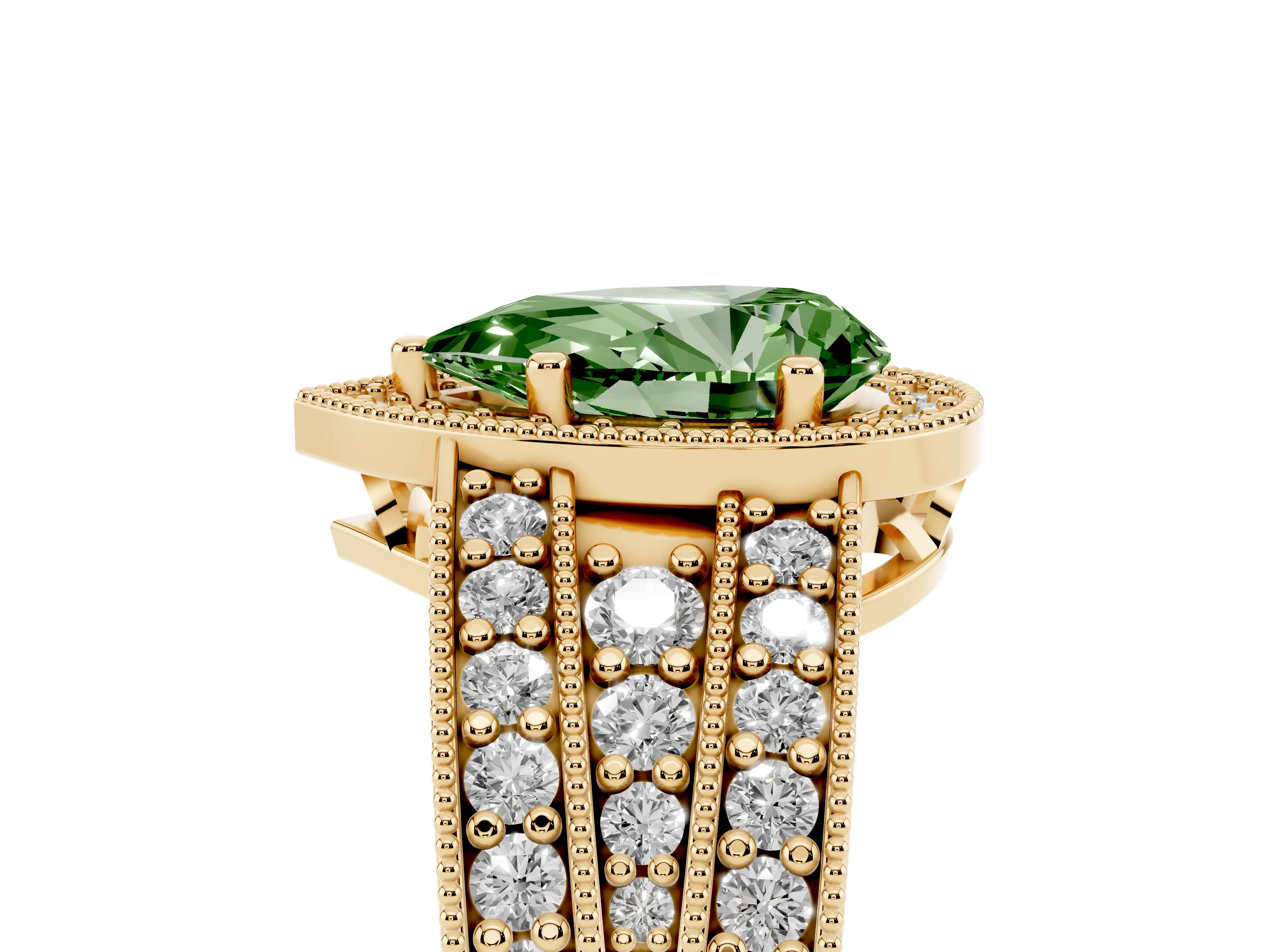 Fancy Green Pear Cut Diamond Halo Ring Set in Yellow gold with Accent Split Shank and Prong Setting