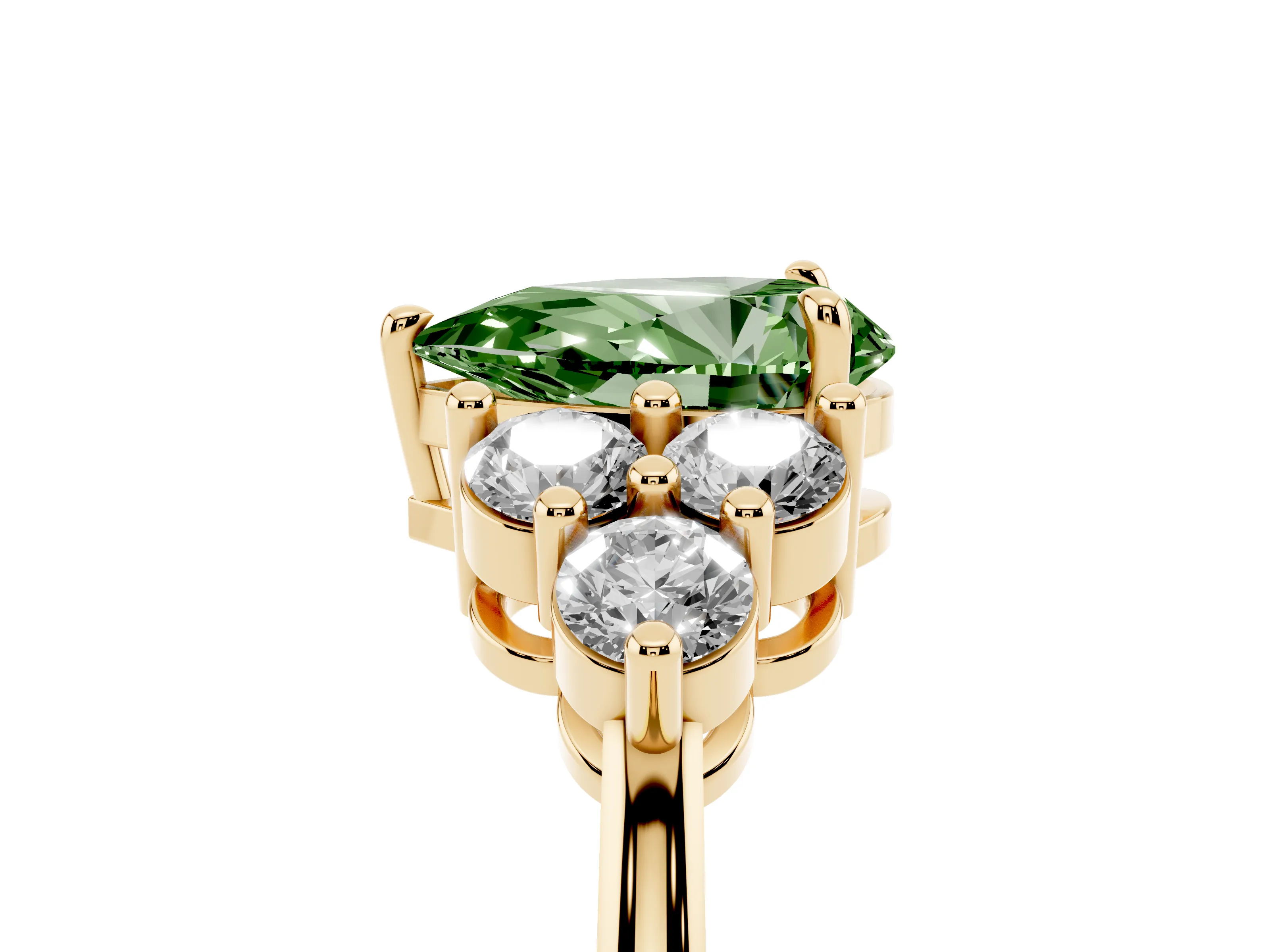 Fancy Green Pear Cut Diamond Solitaire Ring Set in Yellow gold with Cluster Accents on Each Side