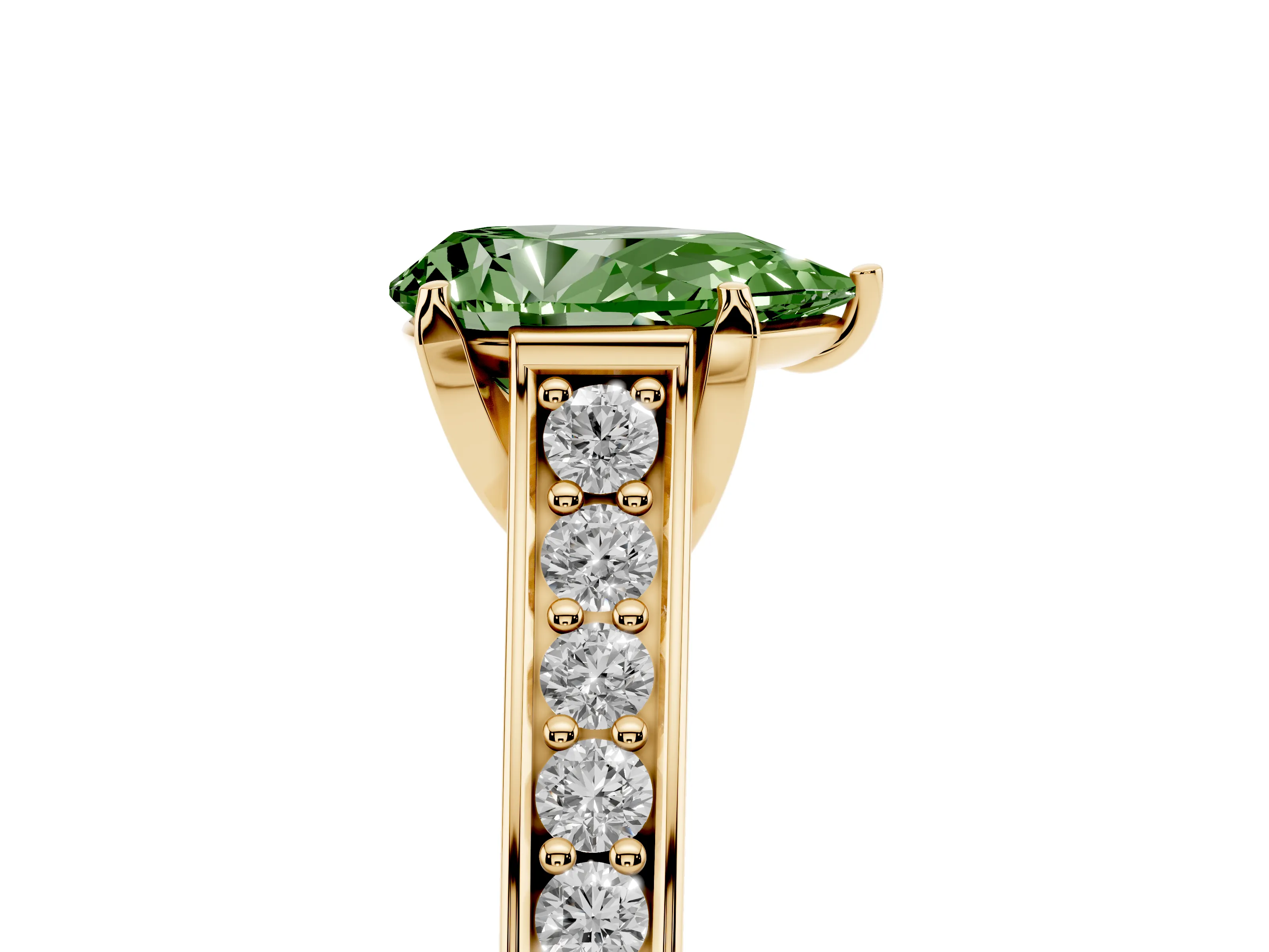 Fancy Green Pear Cut Diamond Solitaire Pavé Engagement Ring Set in Yellow gold with Prong Setting