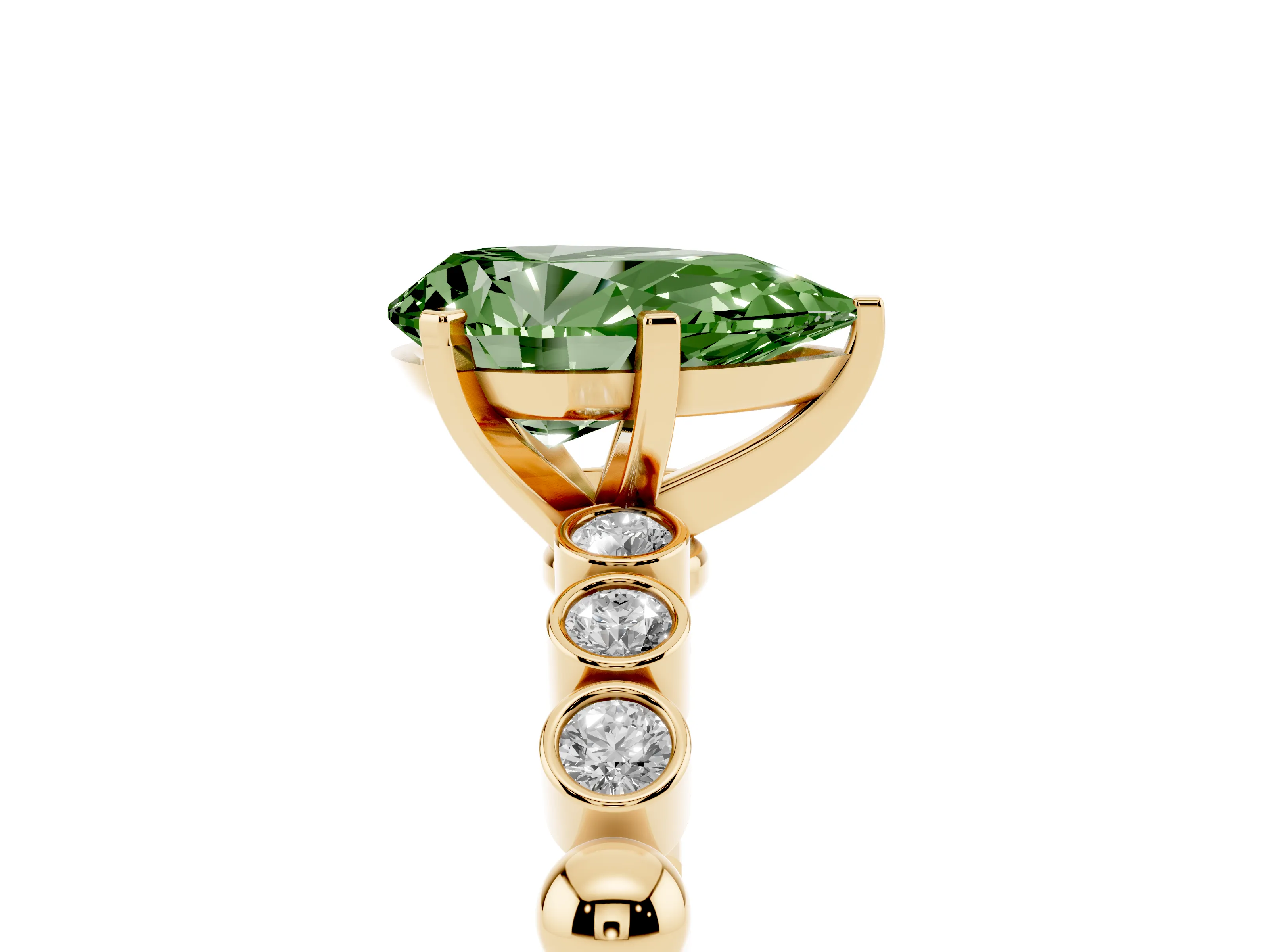 Fancy Green Pear Cut Diamond Solitaire Engagement Ring Set in Yellow gold with Bezel Accents on Beaded Band