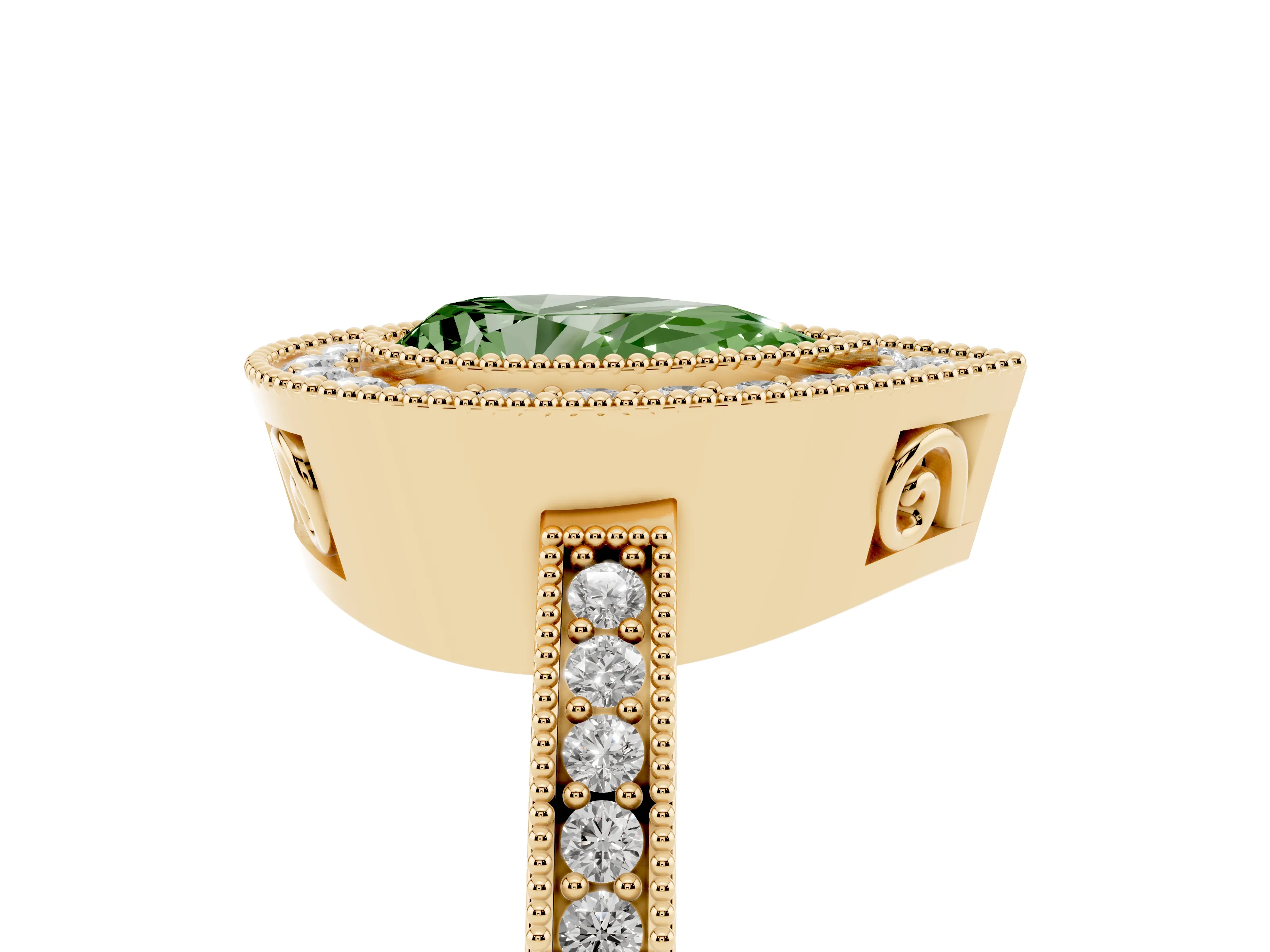 Fancy Green Pear Cut Diamond Round Halo Ring Set in Yellow gold with Pavé Band