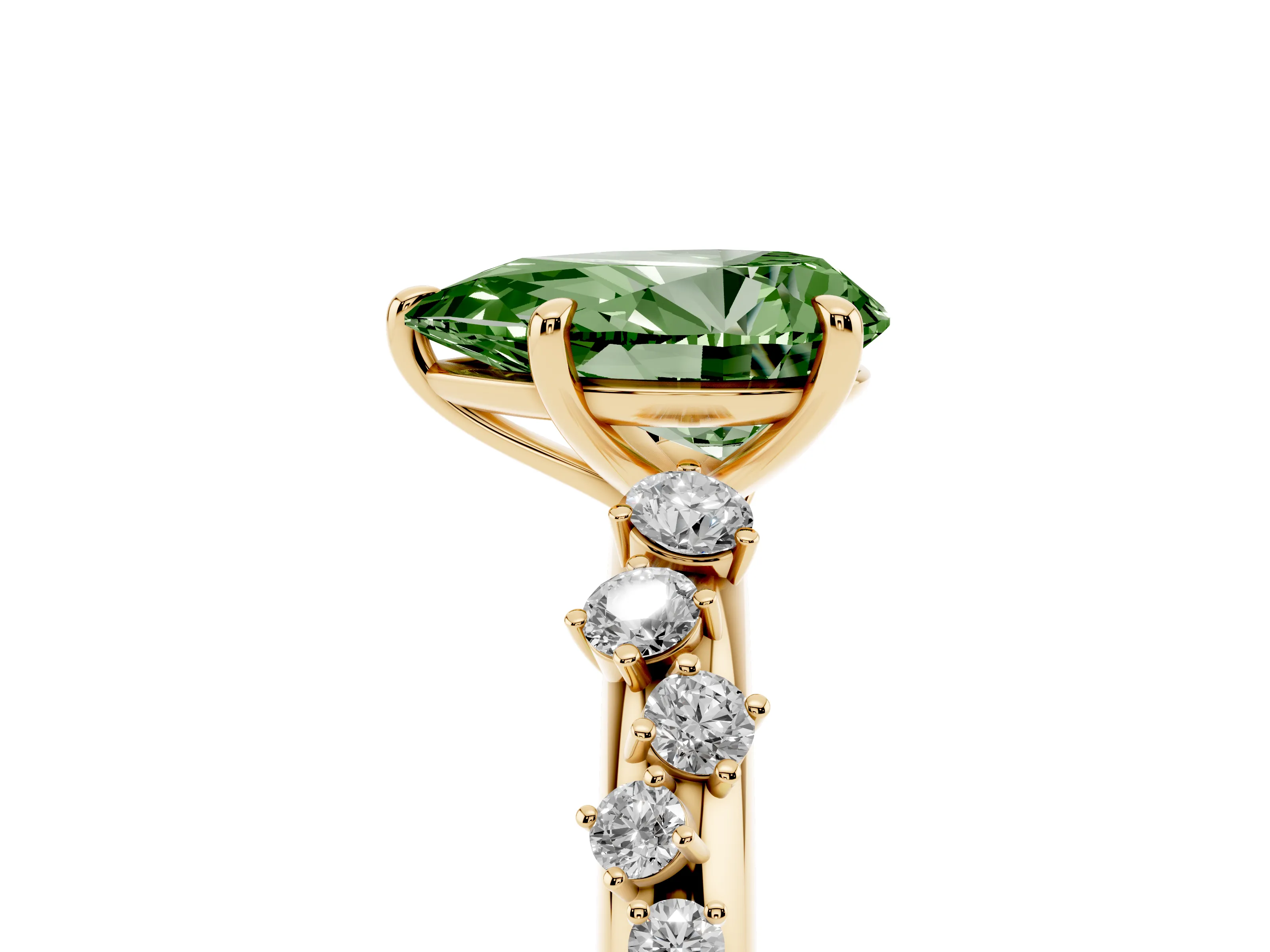 Fancy Green Pear Cut Diamond Cluster Solitaire Ring Set in Yellow gold with Prong Setting