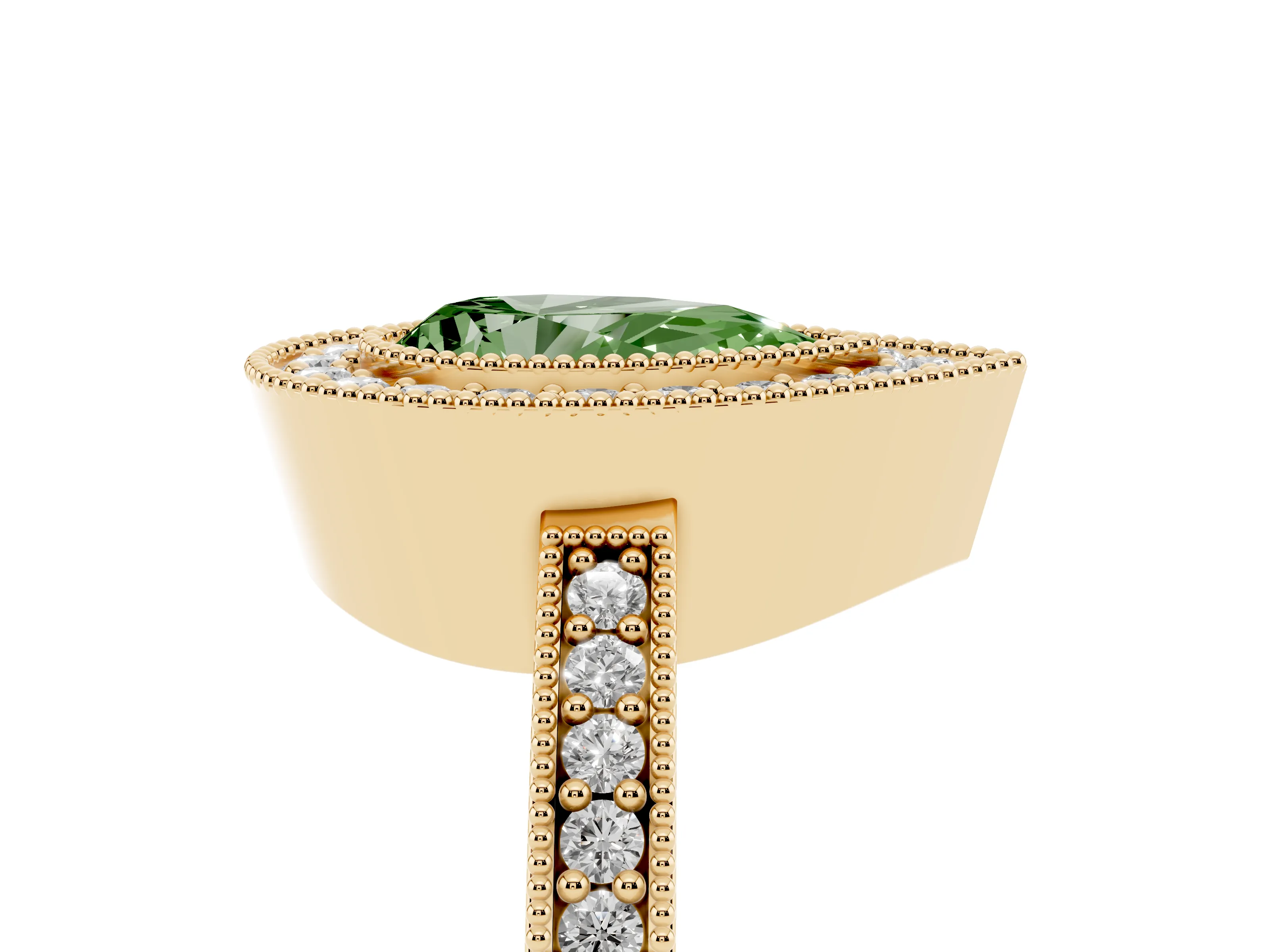 Fancy Green Pear Cut Diamond Halo Engagement Ring Set in Yellow gold with Pavé Band and Round Halo Stones