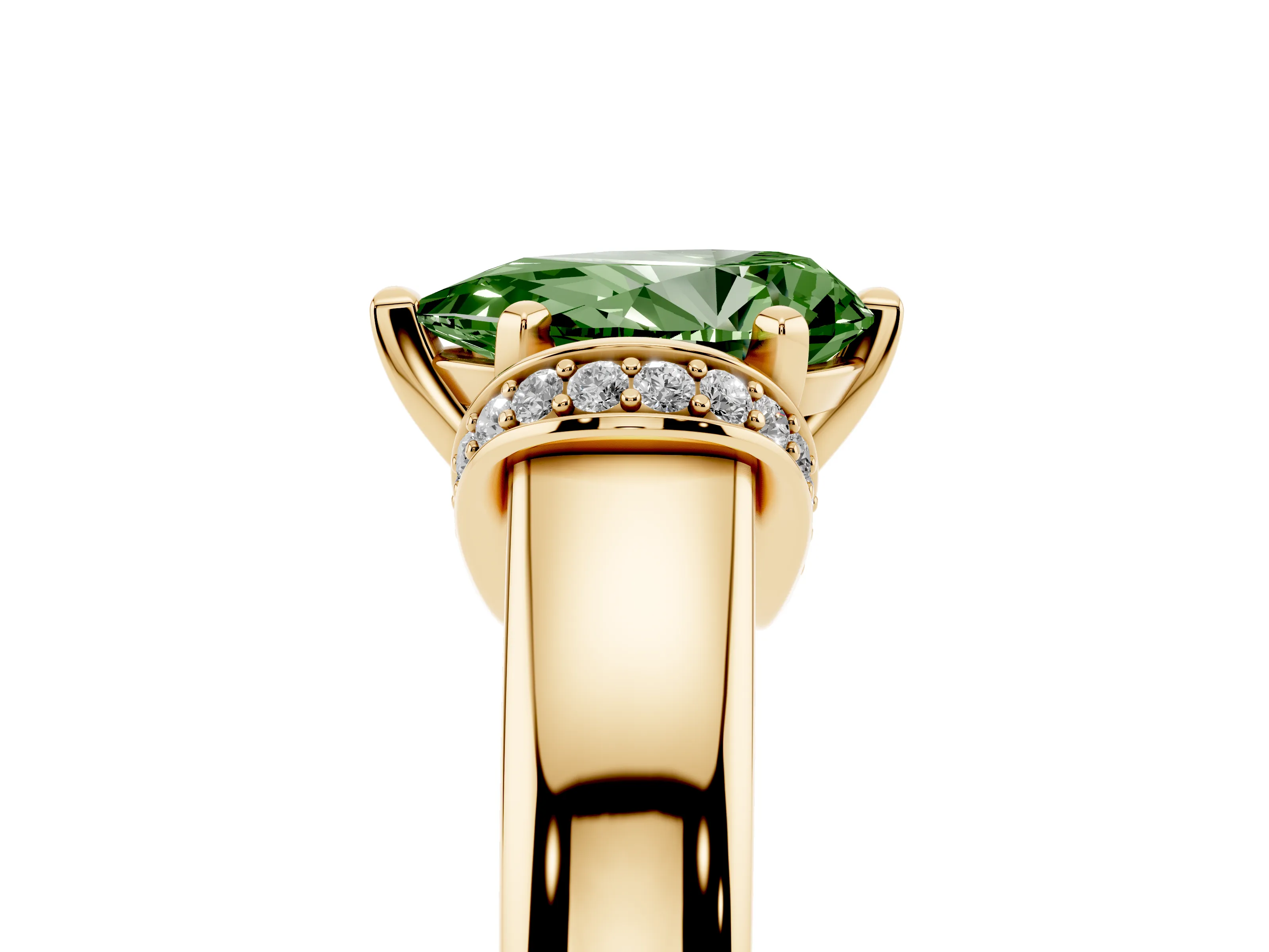 Fancy Green Pear Cut Diamond Pavé Band Solitaire Ring Set in Yellow gold with Prong Setting