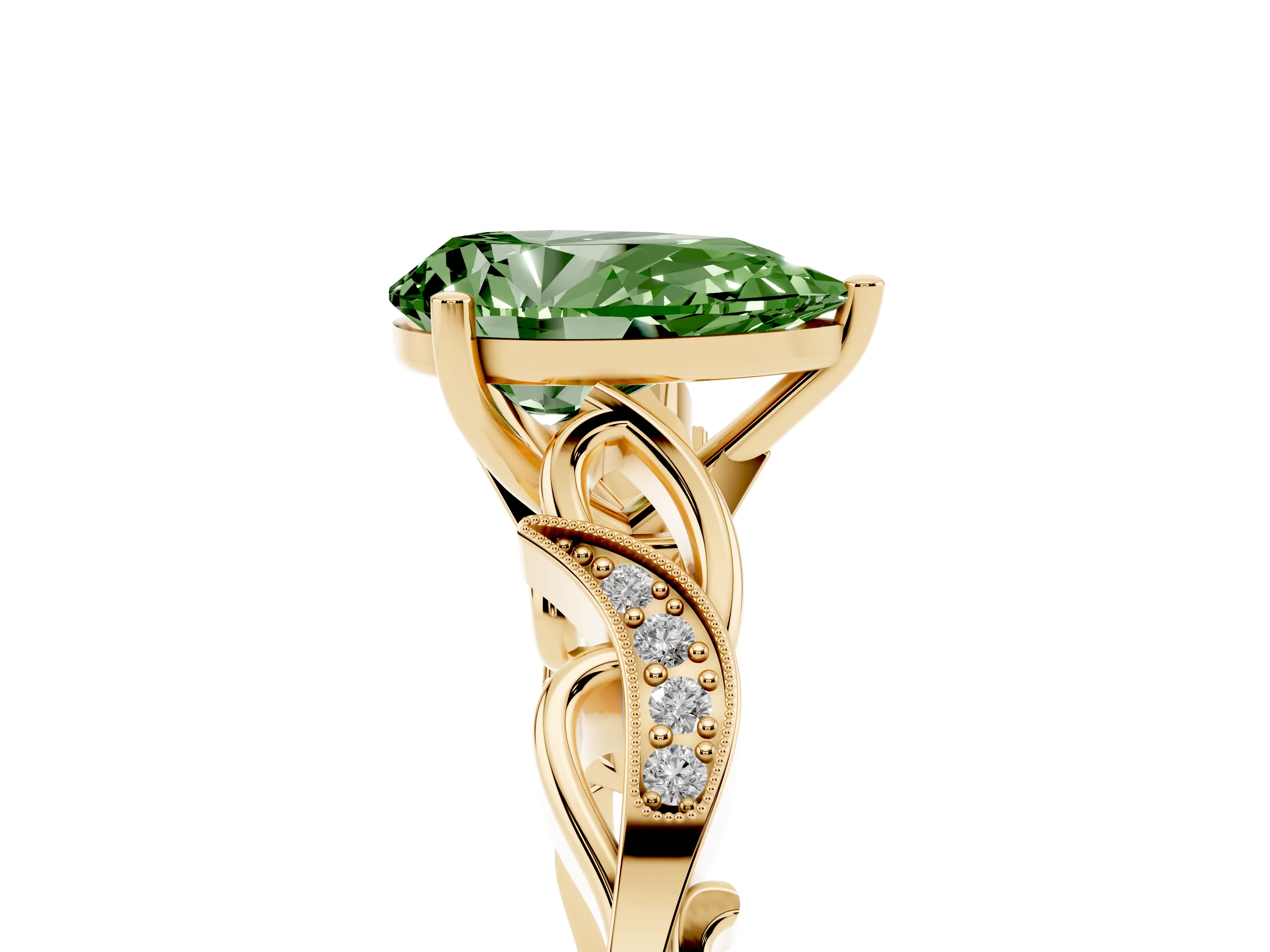 Fancy Green Pear Cut Diamond Vine Band Solitaire Ring Set in Yellow gold with Milgrain Prong Setting