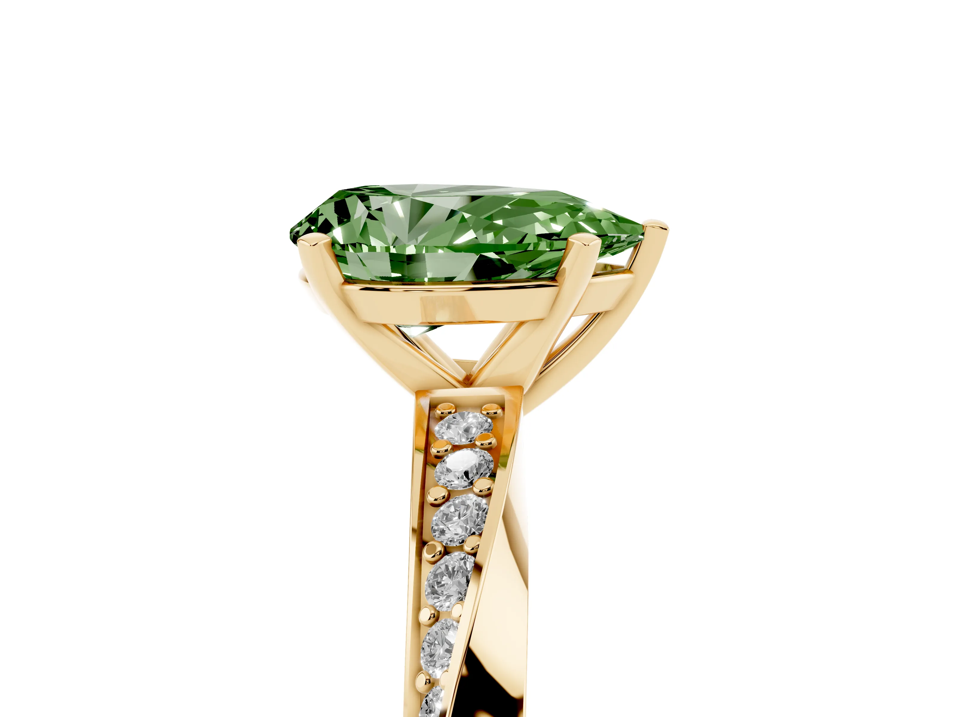 Fancy Green Pear Cut Diamond Engagement Ring Set in Yellow gold with Side Stone Accents and Prong Setting