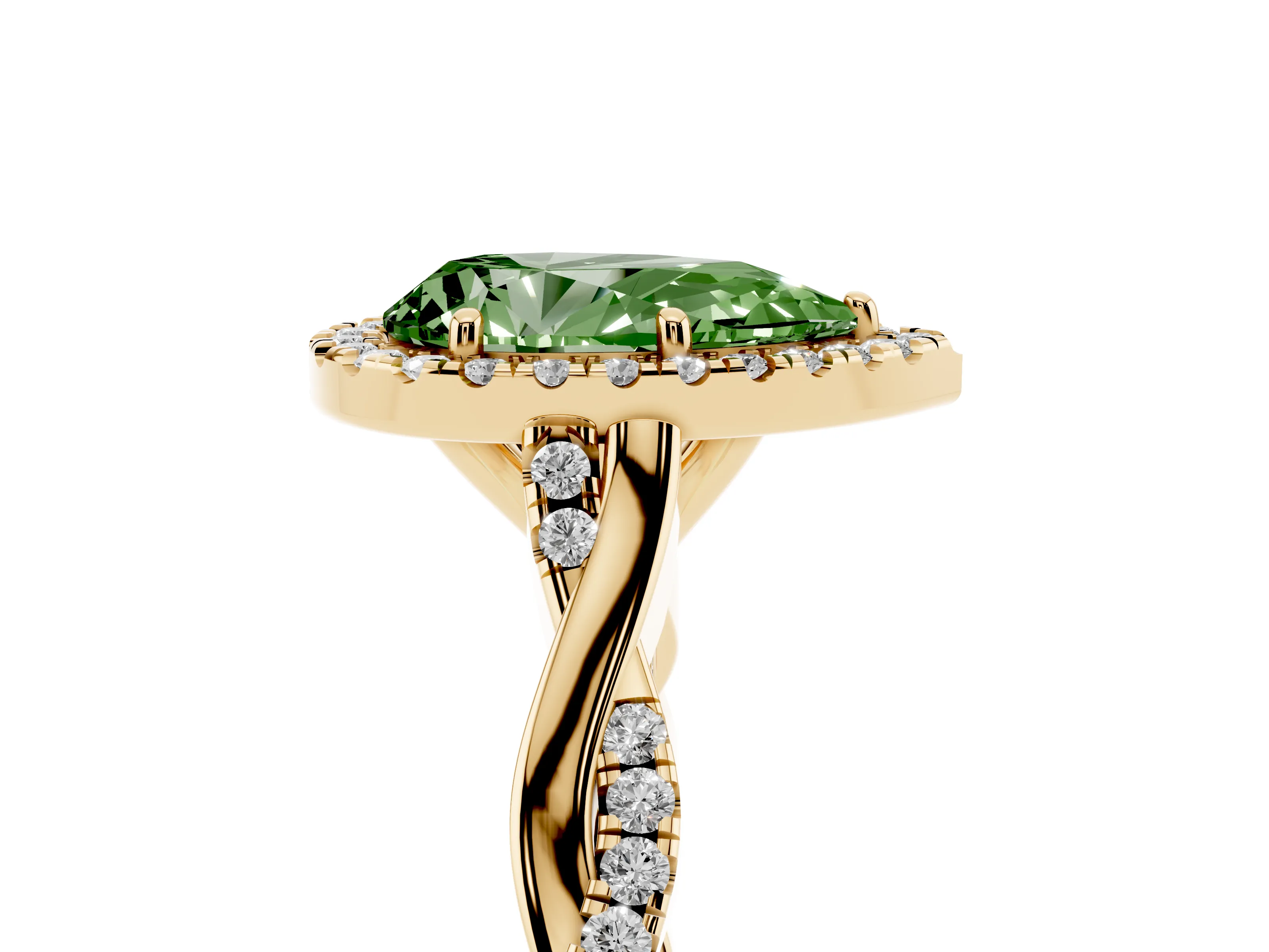 Fancy Green Pear Cut Diamond Halo Twist Band Solitaire Ring Set in Yellow gold with Prong Setting