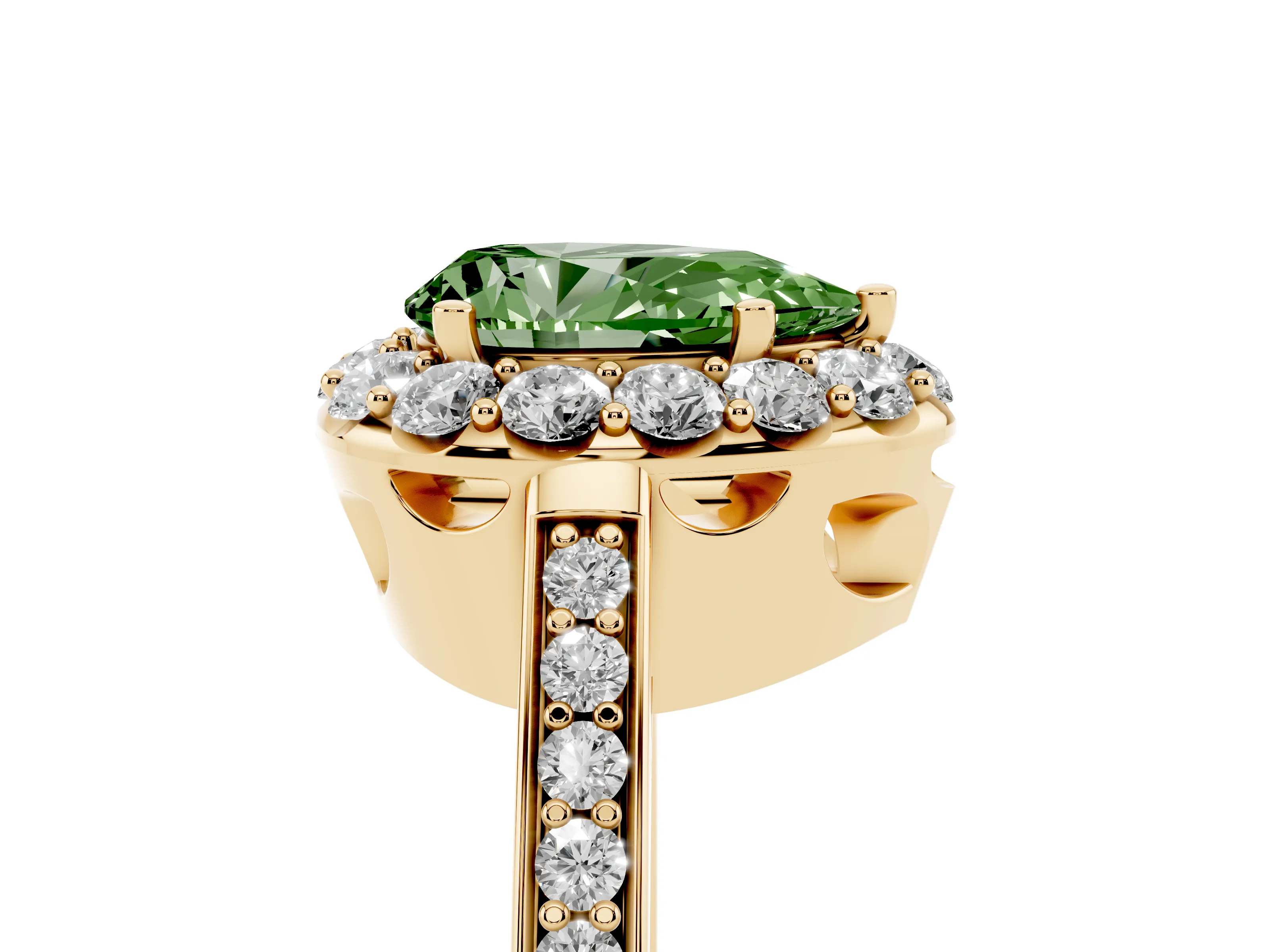 Fancy Green Pear Cut Diamond Floral Halo Ring Set in Yellow gold with Pavé Band and Prong Setting