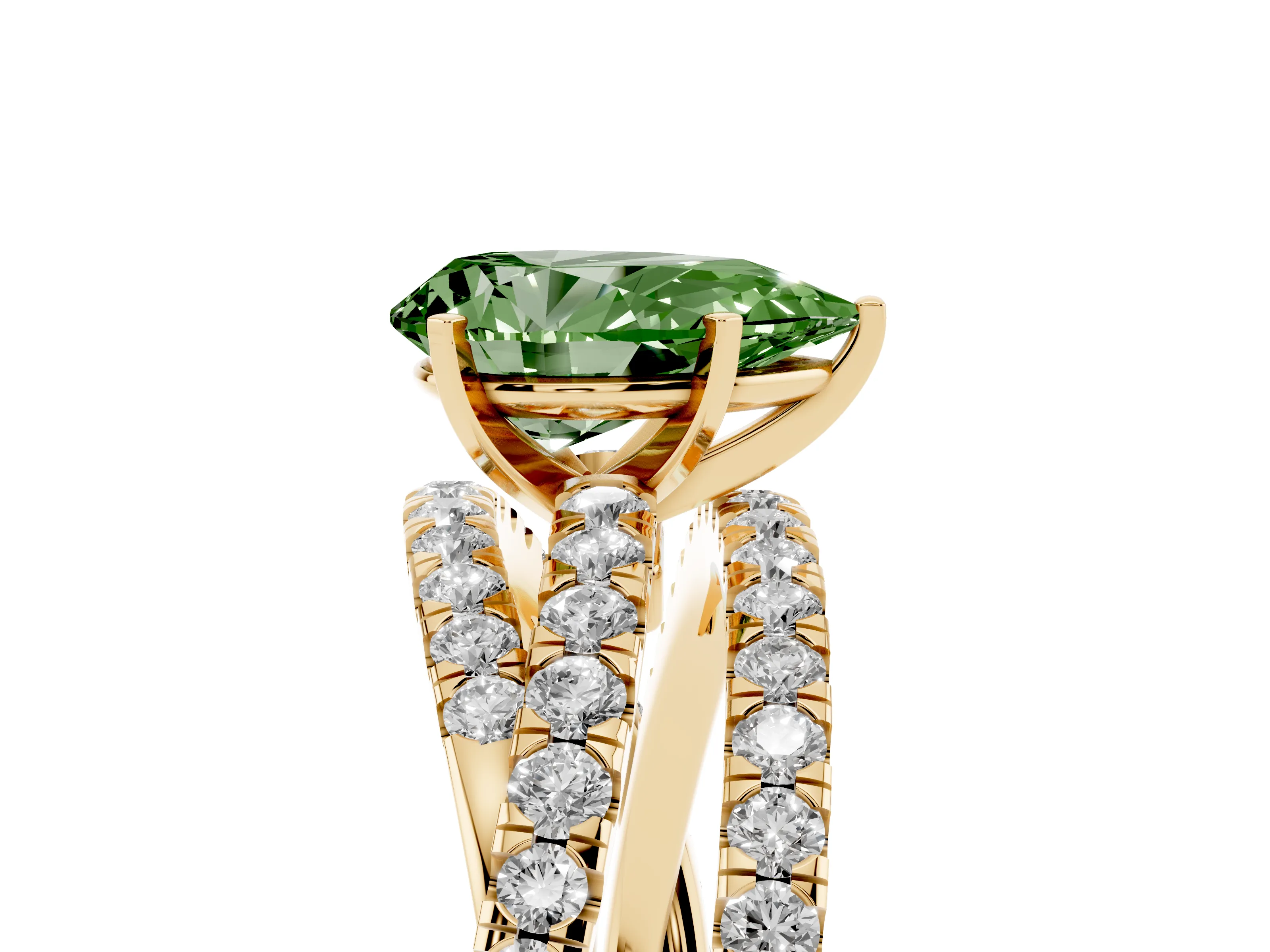Fancy Green Pear Cut Diamond Solitaire Twist Band Ring Set in Yellow gold with Pavé Setting and Prong Head