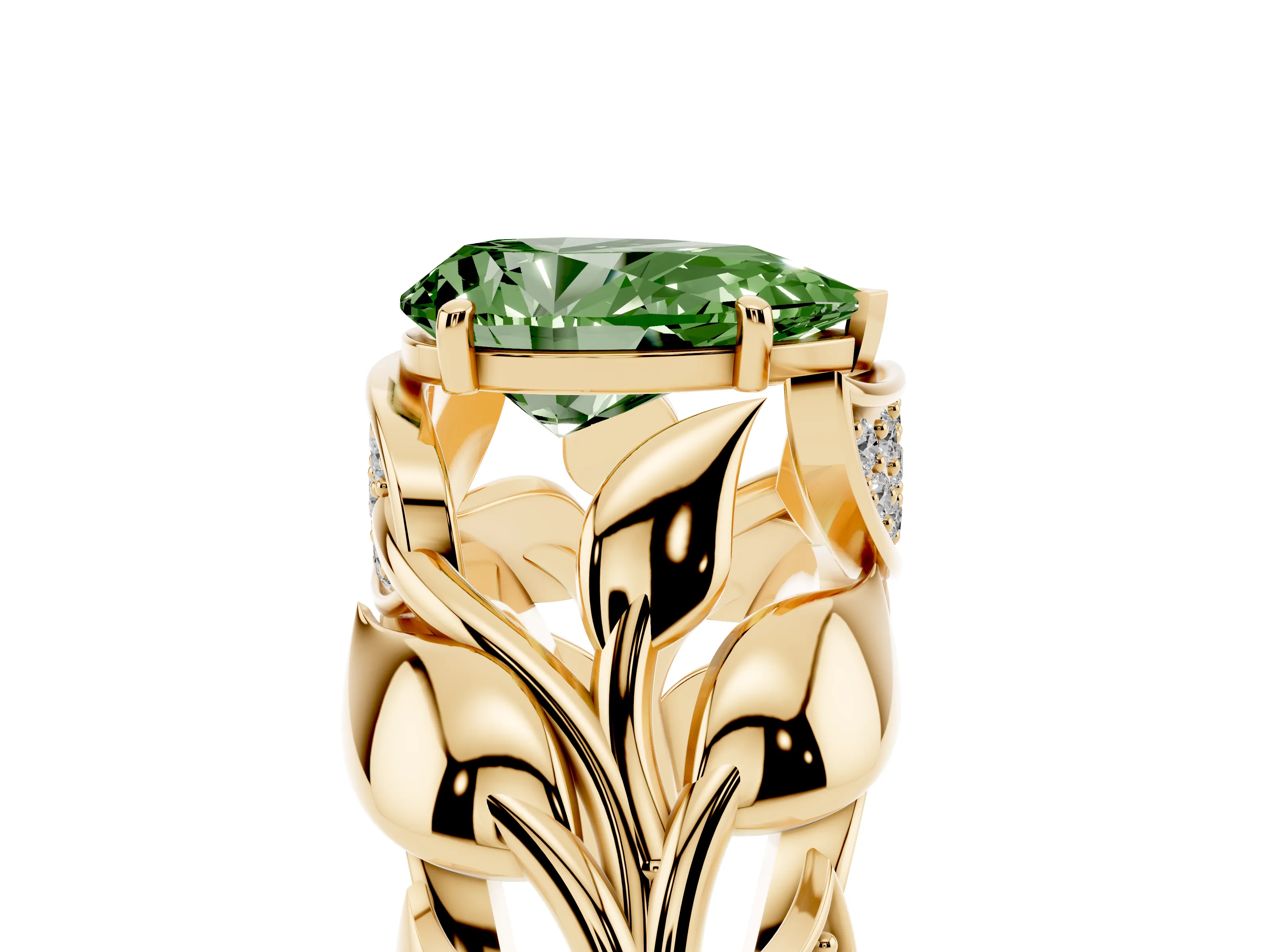 Fancy Green Pear Cut Diamond Leaf-Inspired Engagement Ring Set in Yellow gold with Round Accents