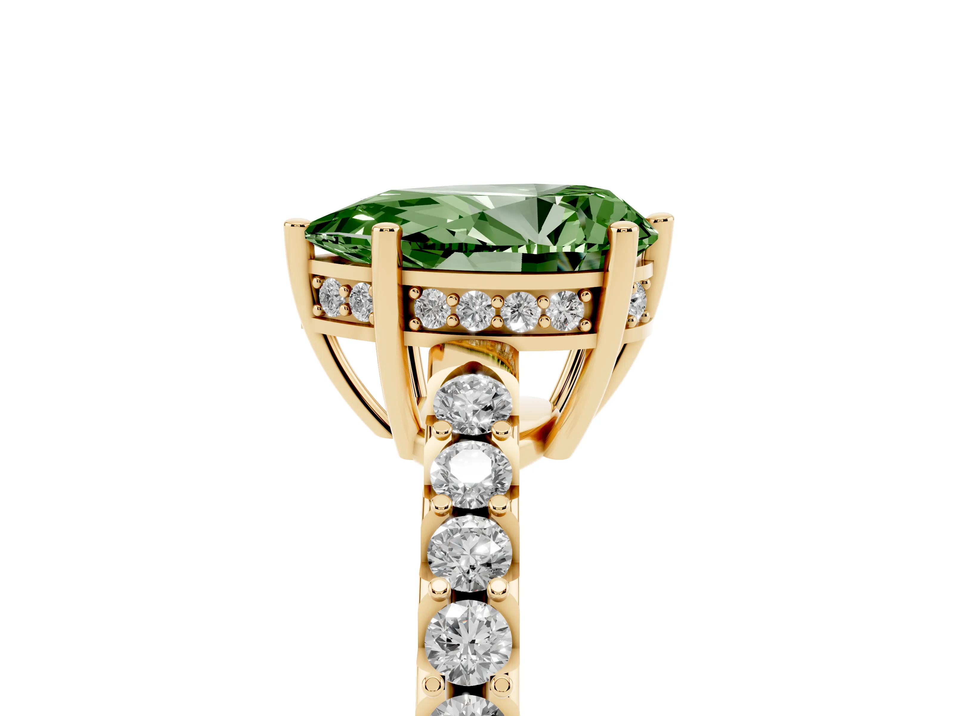 Fancy Green Pear Cut Diamond Solitaire Engagement Ring Set in Yellow gold with Pavé Band and Prong Setting