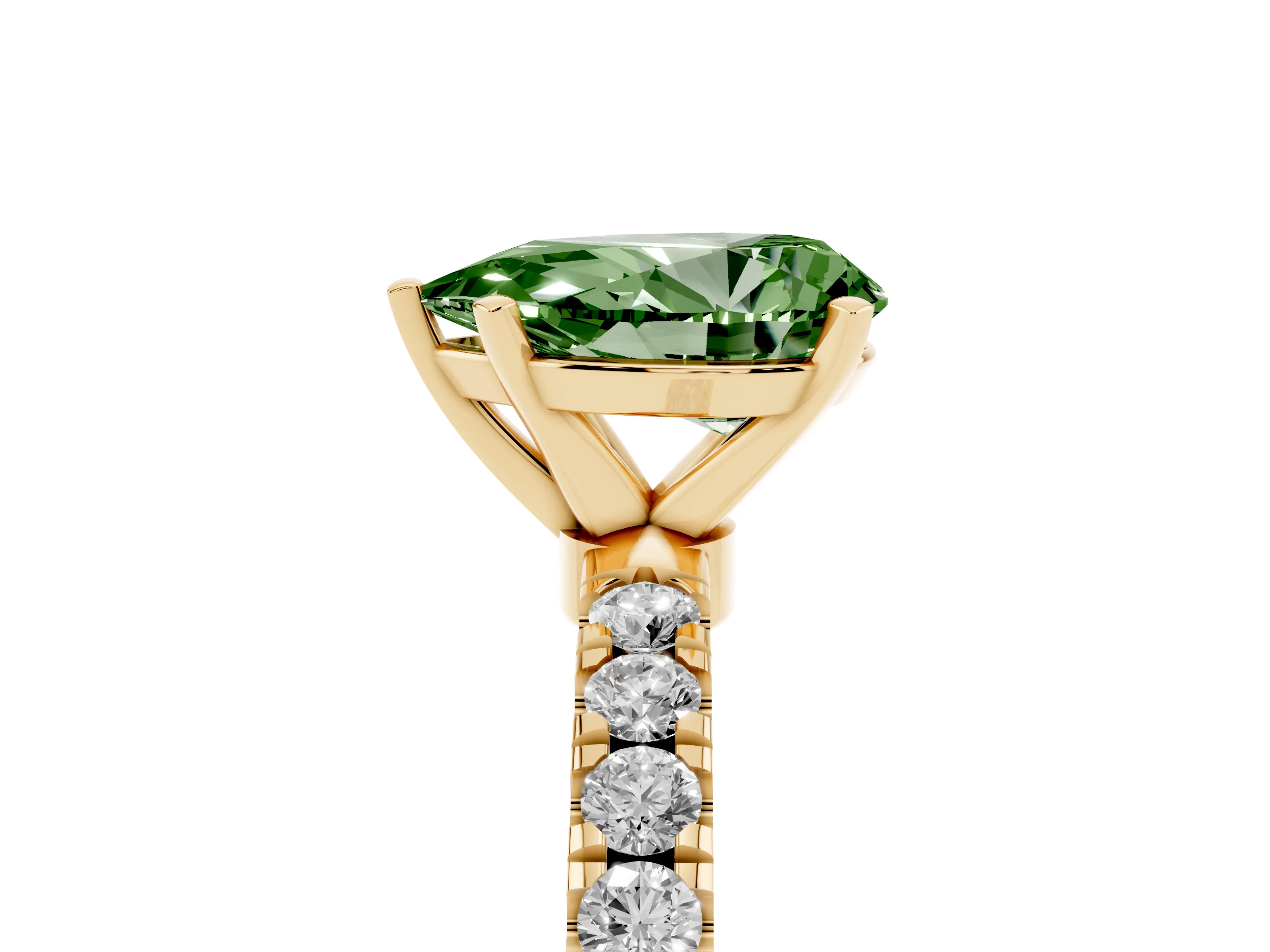 Fancy Green Pear Cut Diamond Solitaire Ring Set in Yellow gold with Pavé Accents and Prong Setting
