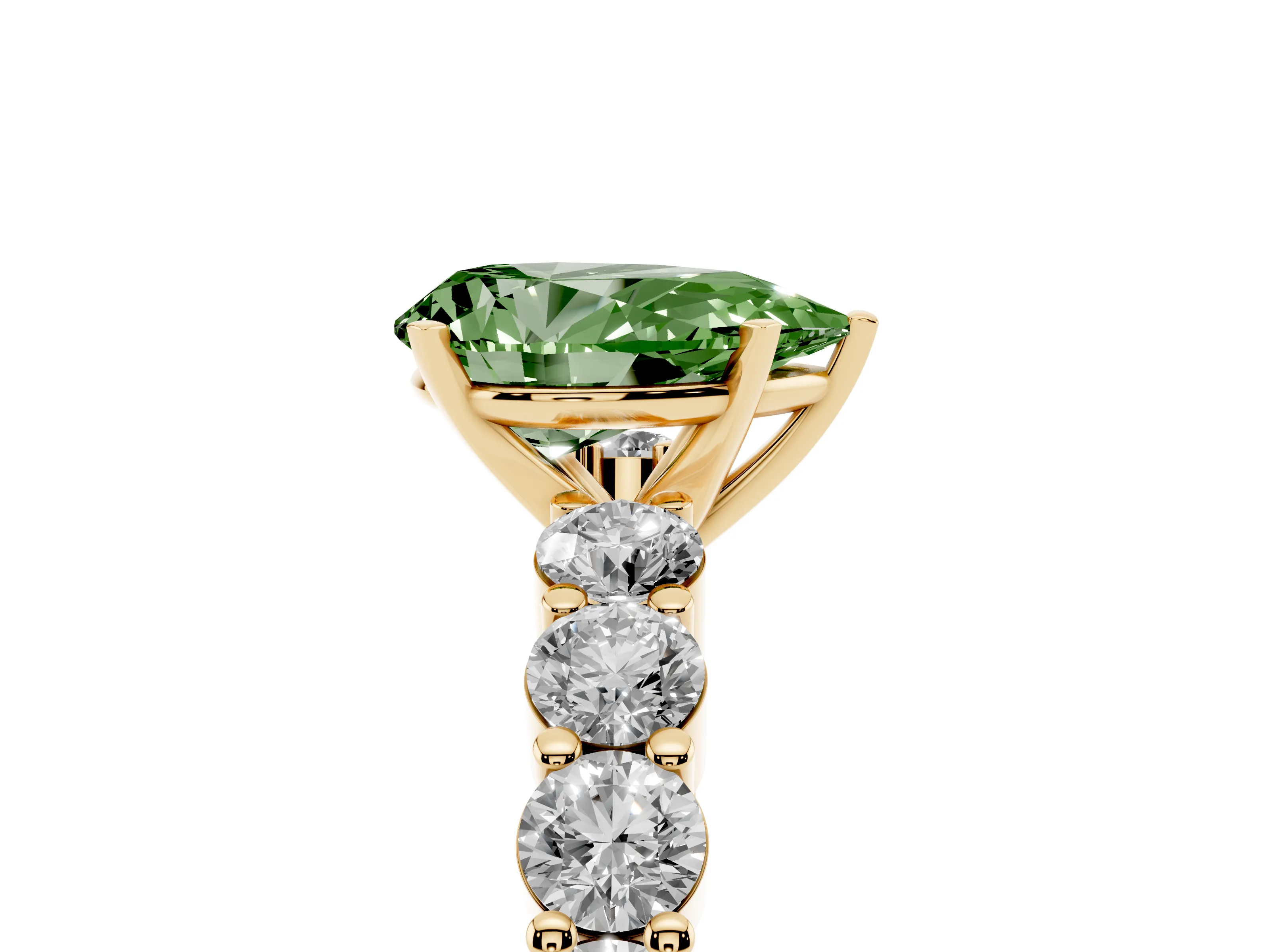 Fancy Green Pear Cut Diamond Solitaire Ring Set in Yellow gold with Shared Prong Round Side Stones