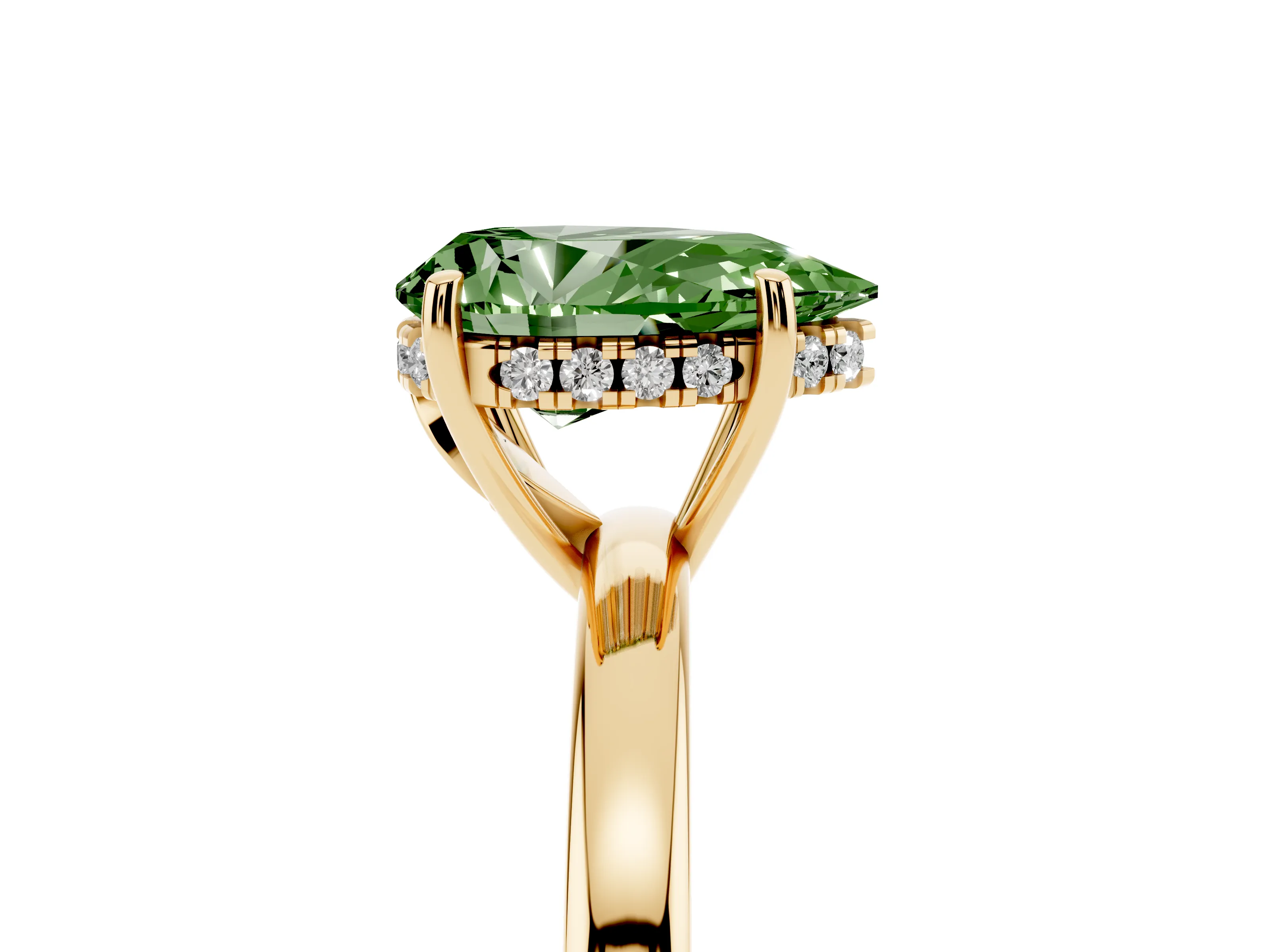 Fancy Green Pear Cut Diamond Solitaire Ring Set in Yellow gold with Plain Band and Prong Setting