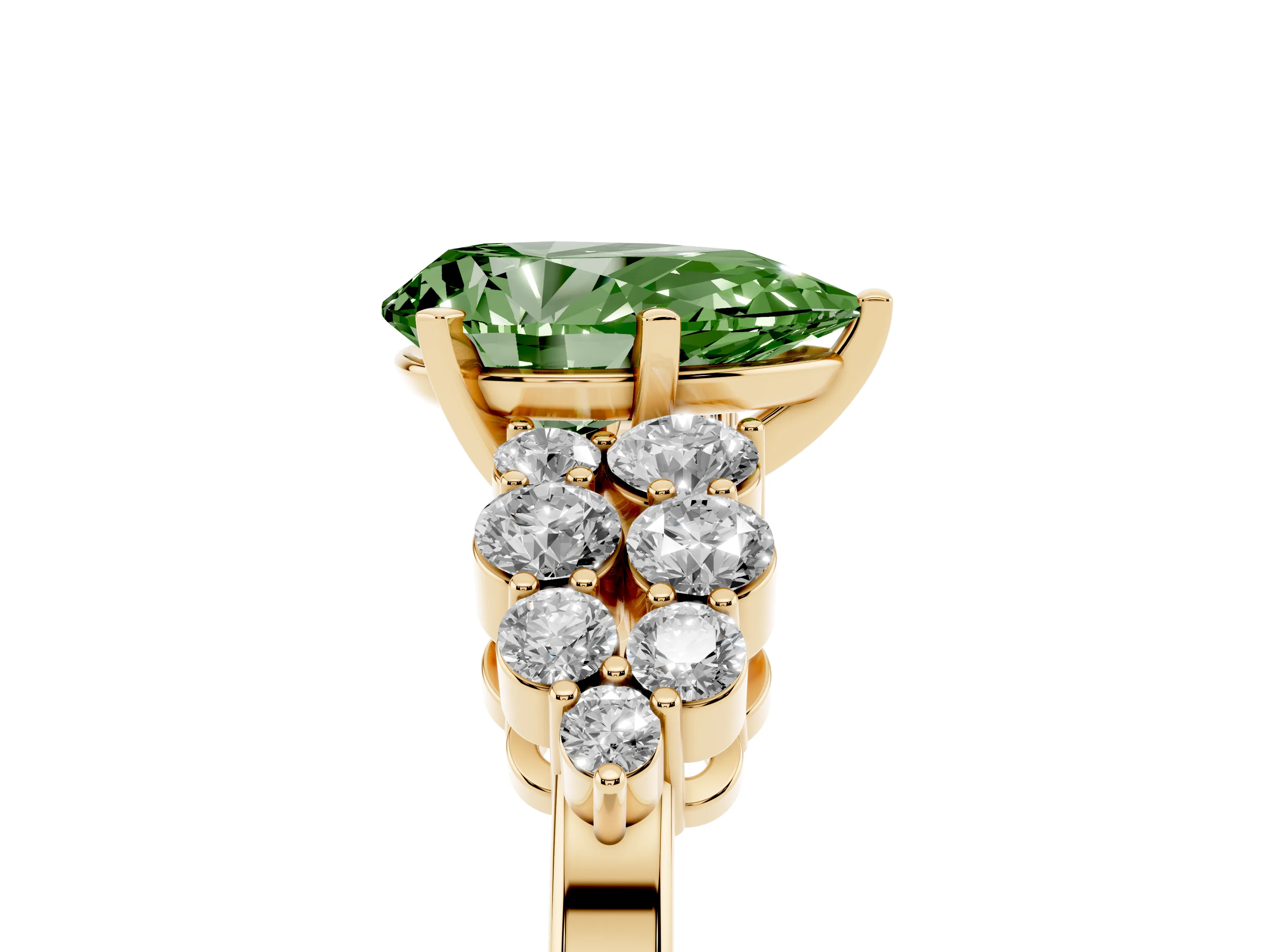 Fancy Green Pear Cut Diamond Cluster Engagement Ring Set in Yellow gold with Pavé Band and Prong Setting