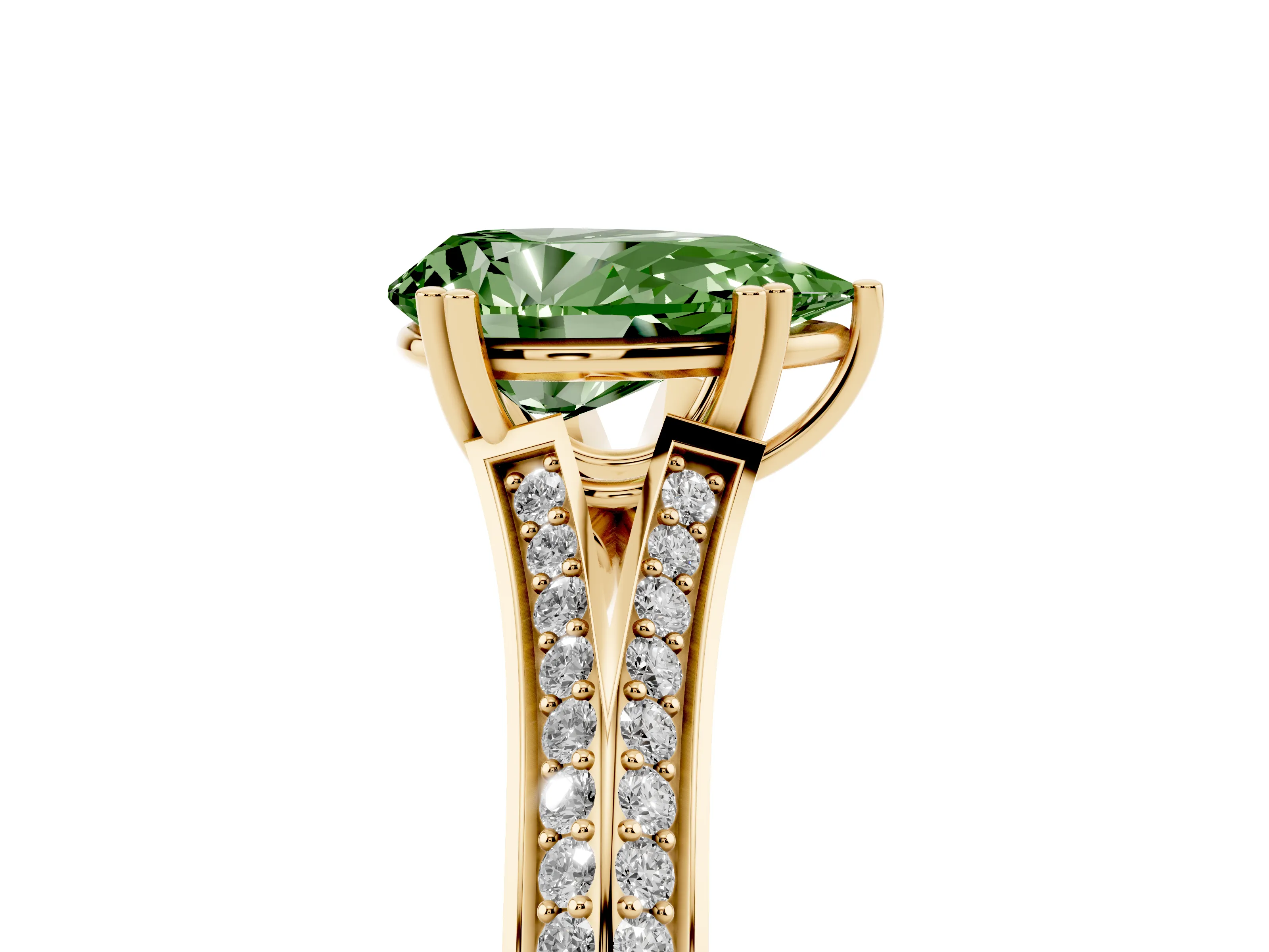 Fancy Green Pear Cut Diamond Split Shank Pavé Engagement Ring Set in Yellow gold with Prong-Set Center Stone