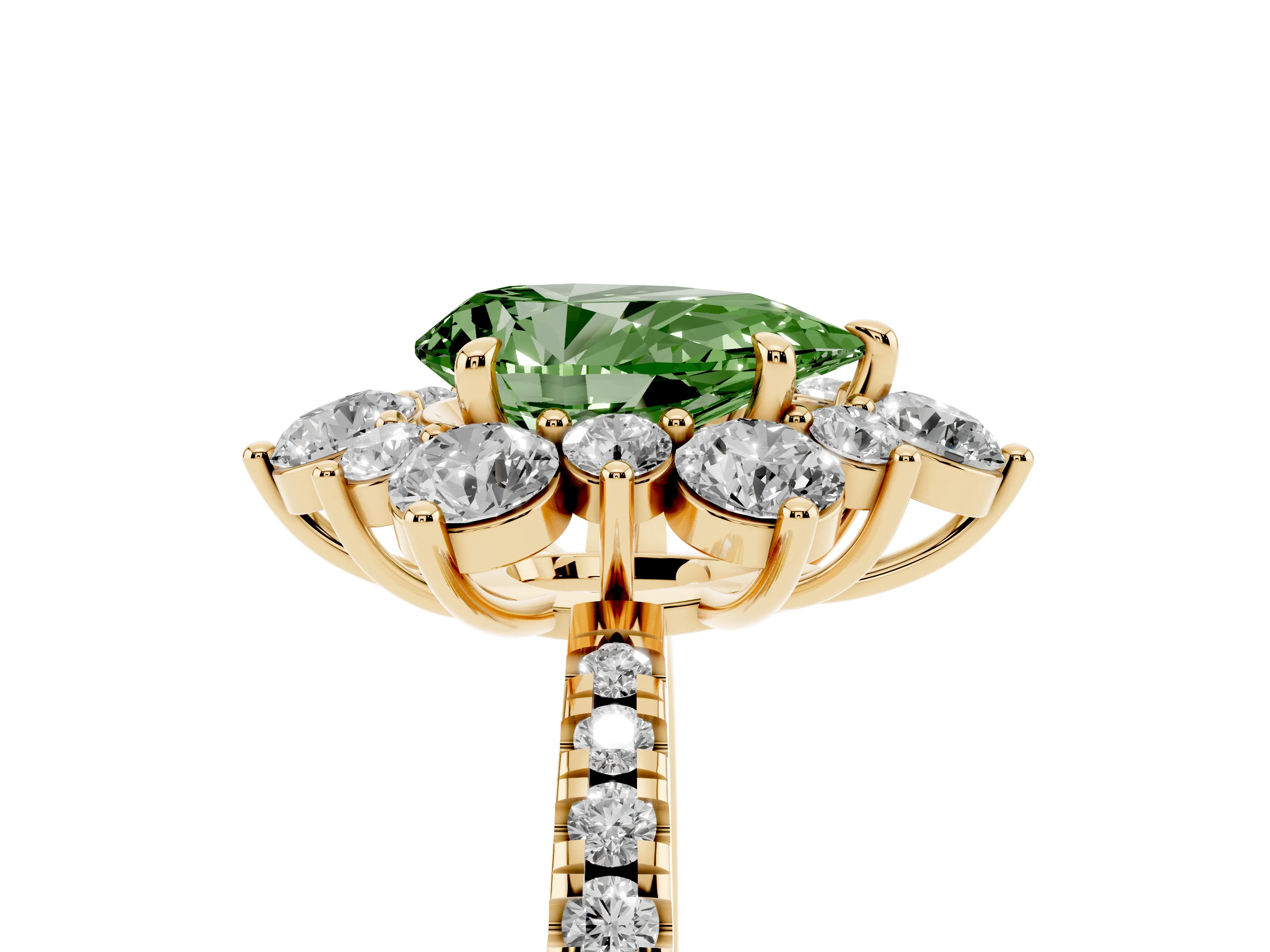 Fancy Green Pear Cut Diamond Floral Halo Ring Set in Yellow gold with Round Pavé Band and Prong Setting