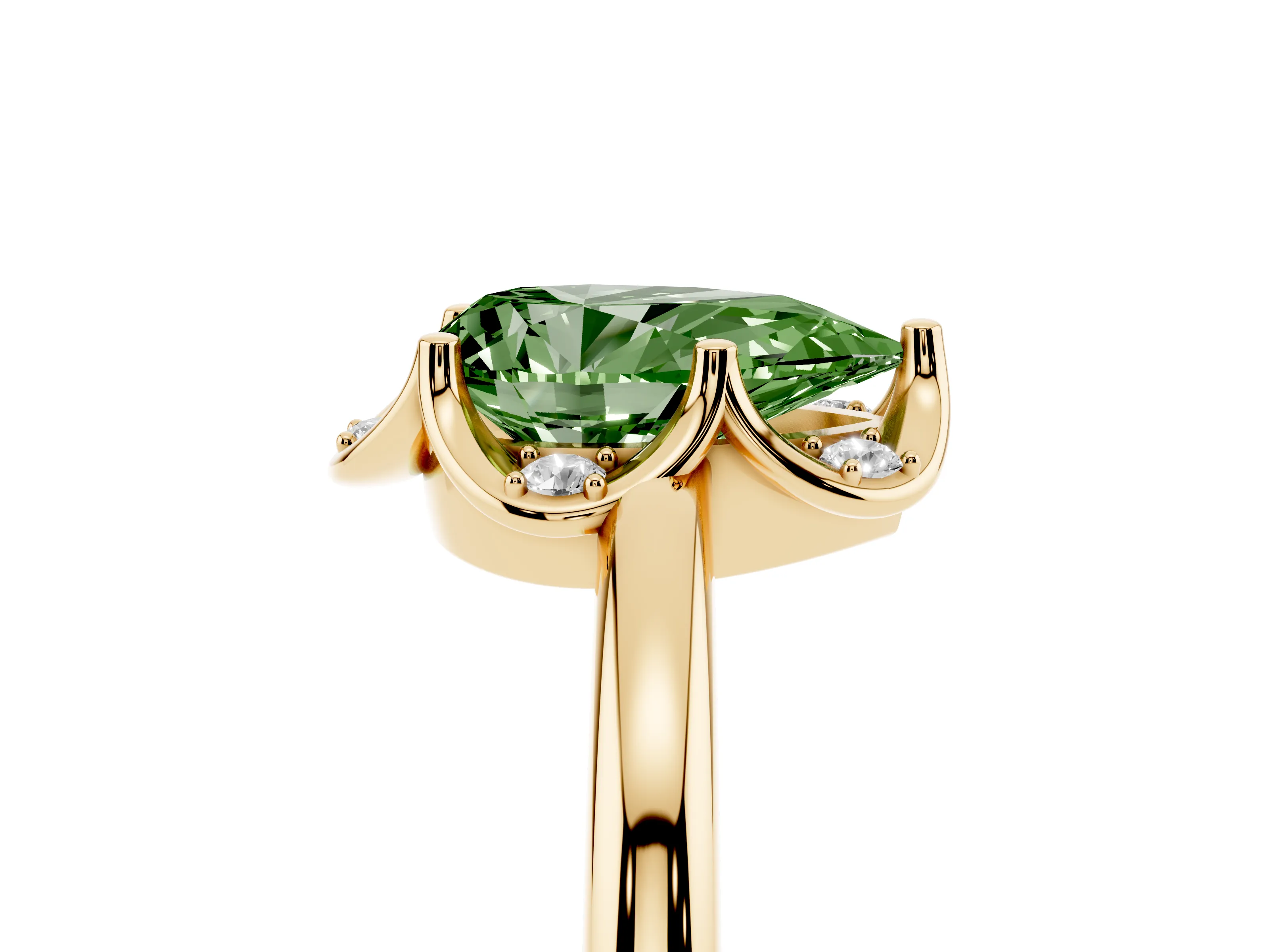 Fancy Green Pear Cut Diamond Round Cluster Halo Ring Set in Yellow gold with Solitaire Band and Prong Setting