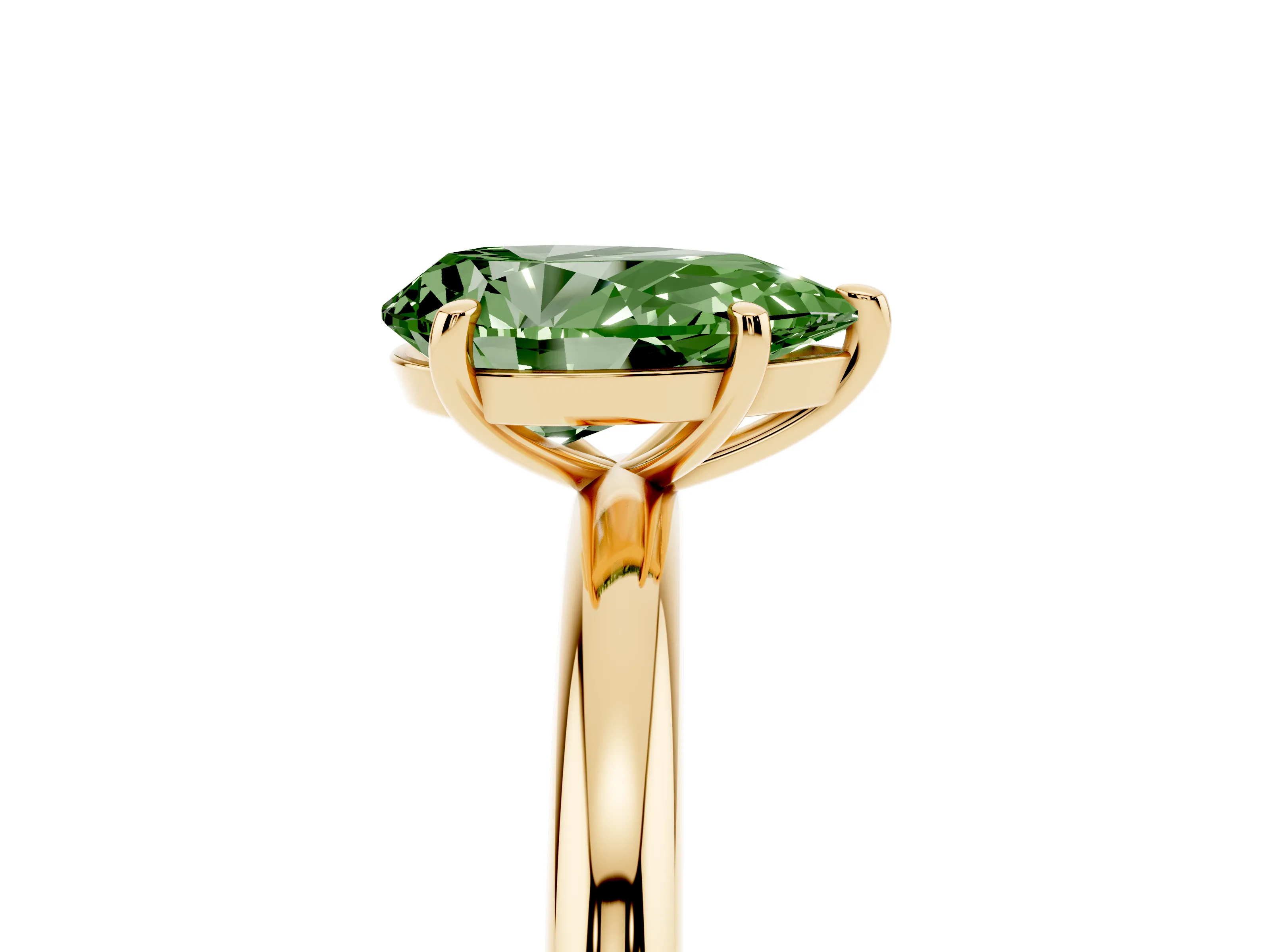 Fancy Green Pear Cut Diamond Solitaire Ring Set in Yellow gold with Prong Setting on a Polished Plain Band