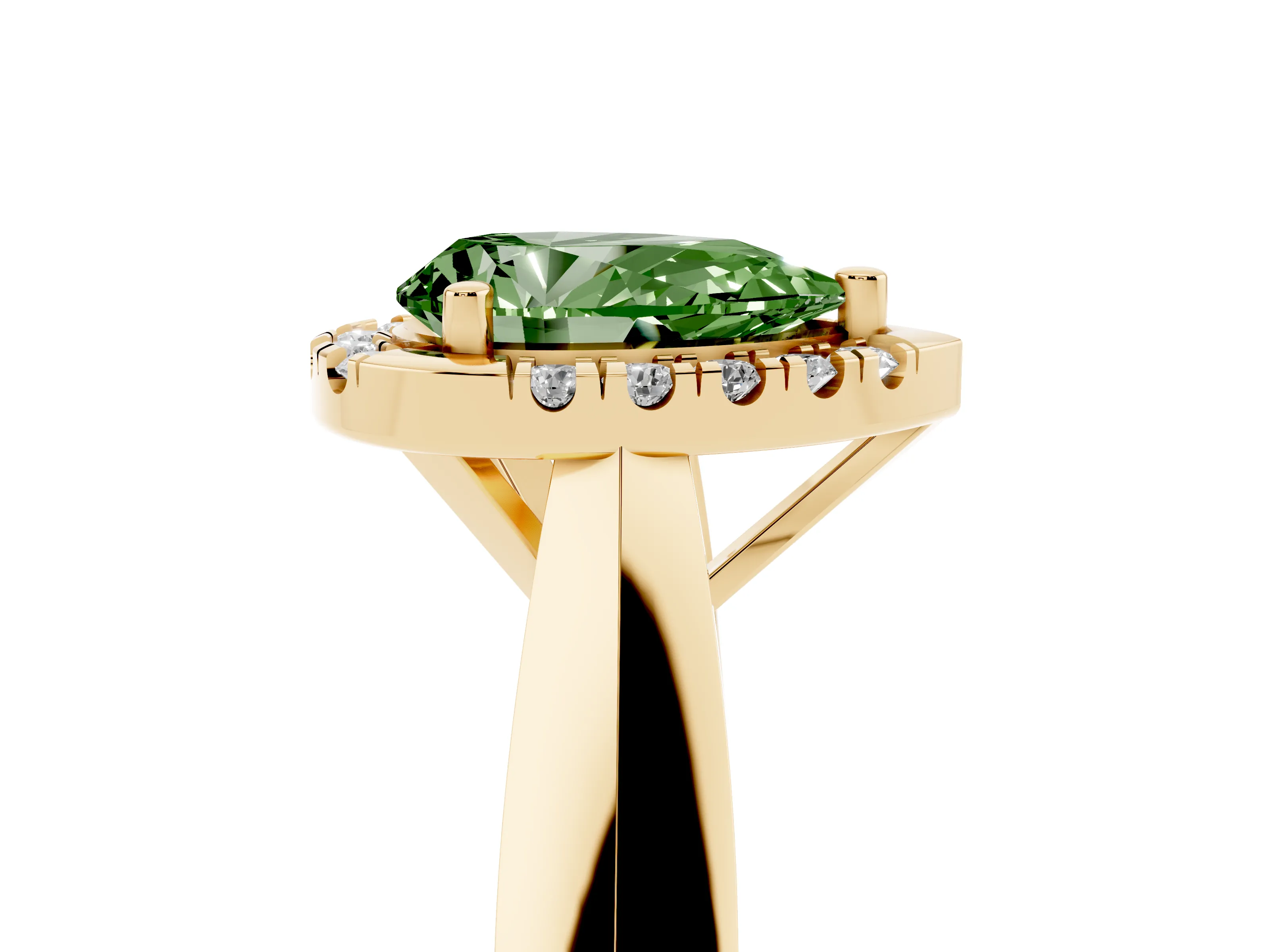 Fancy Green Pear Cut Diamond Halo Solitaire Engagement Ring Set in Yellow gold with Square Band and Prong Setting