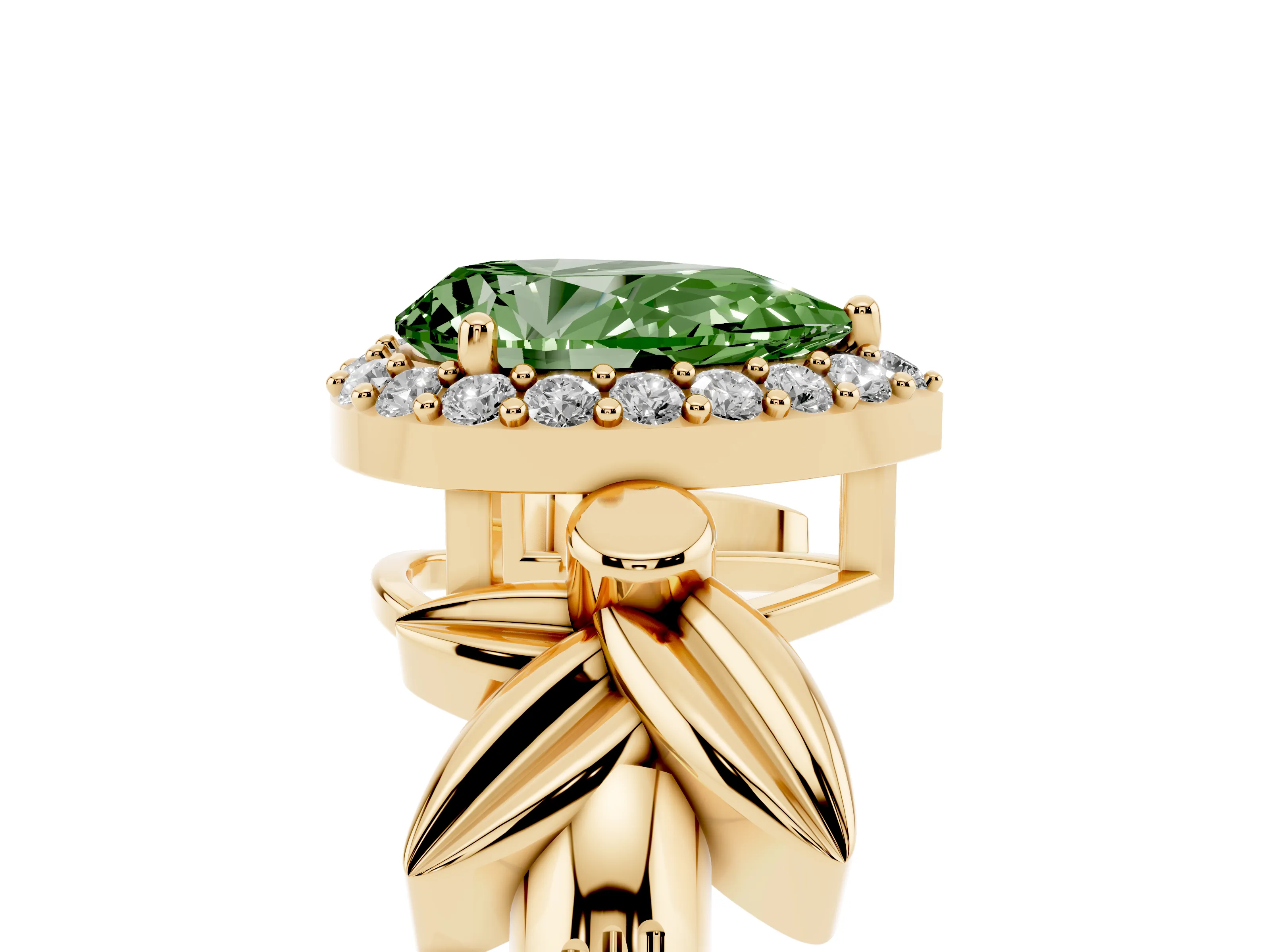 Fancy Green Pear Cut Diamond Halo Floral Band Ring Set in Yellow gold with Prong Setting
