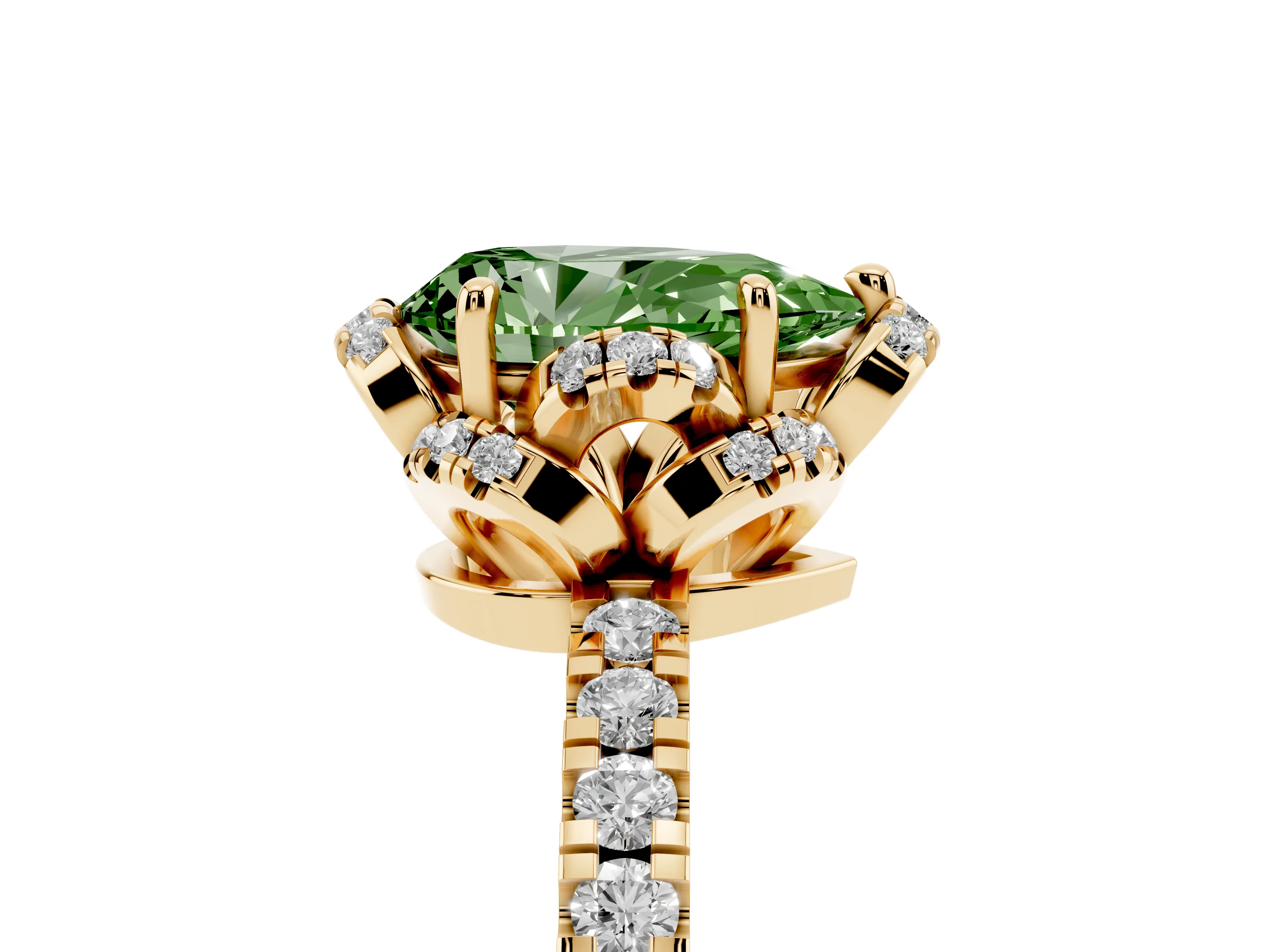 Fancy Green Pear Cut Diamond Halo Pavé Band Ring Set in Yellow gold with Prong-Held Center