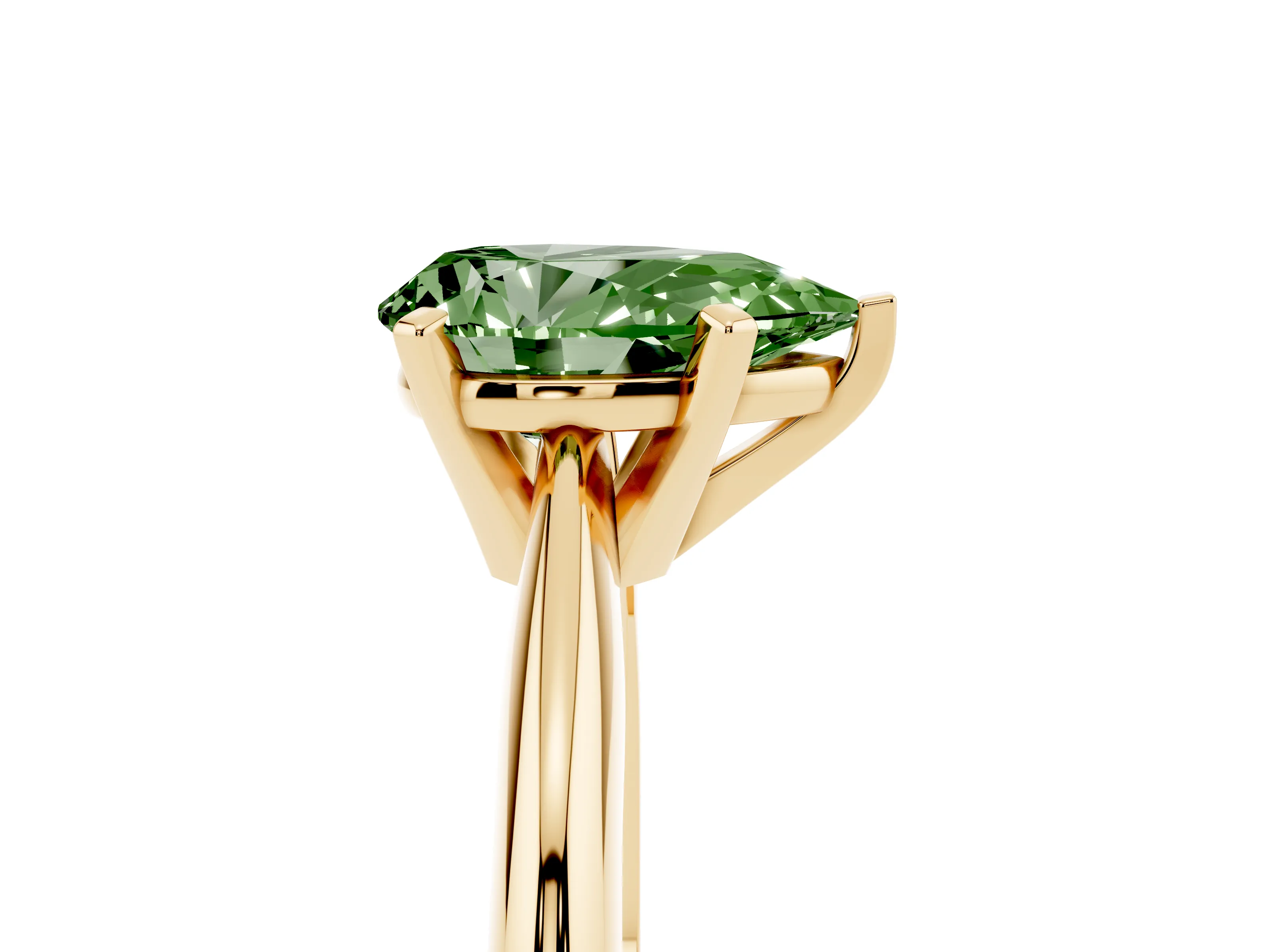 Fancy Green Pear Cut Diamond Solitaire Ring Set in Yellow gold with Prong Setting on a Plain Round Band