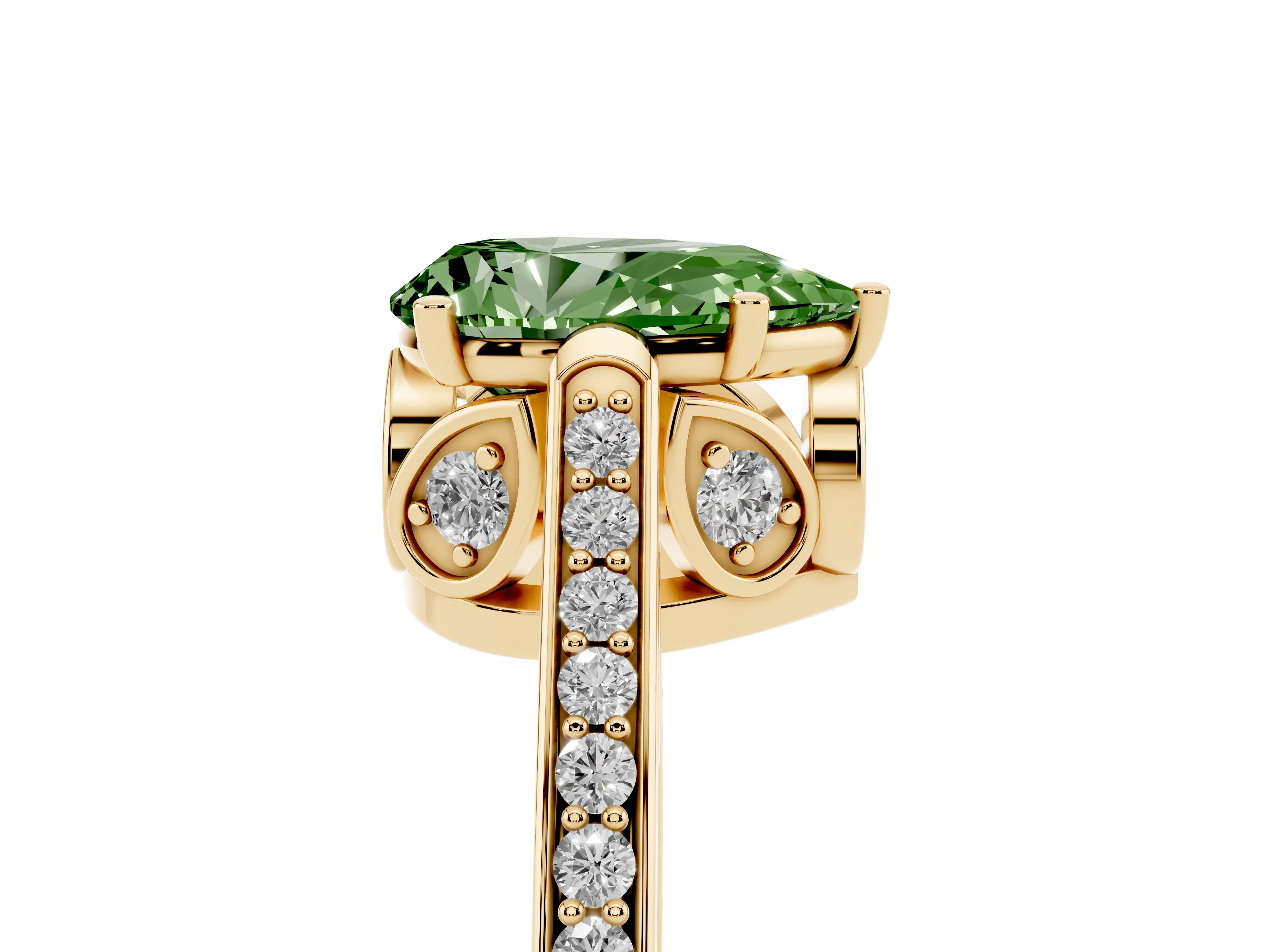 Fancy Green Pear Cut Diamond Cathedral Pavé Engagement Ring Set in Yellow gold with Prong Setting