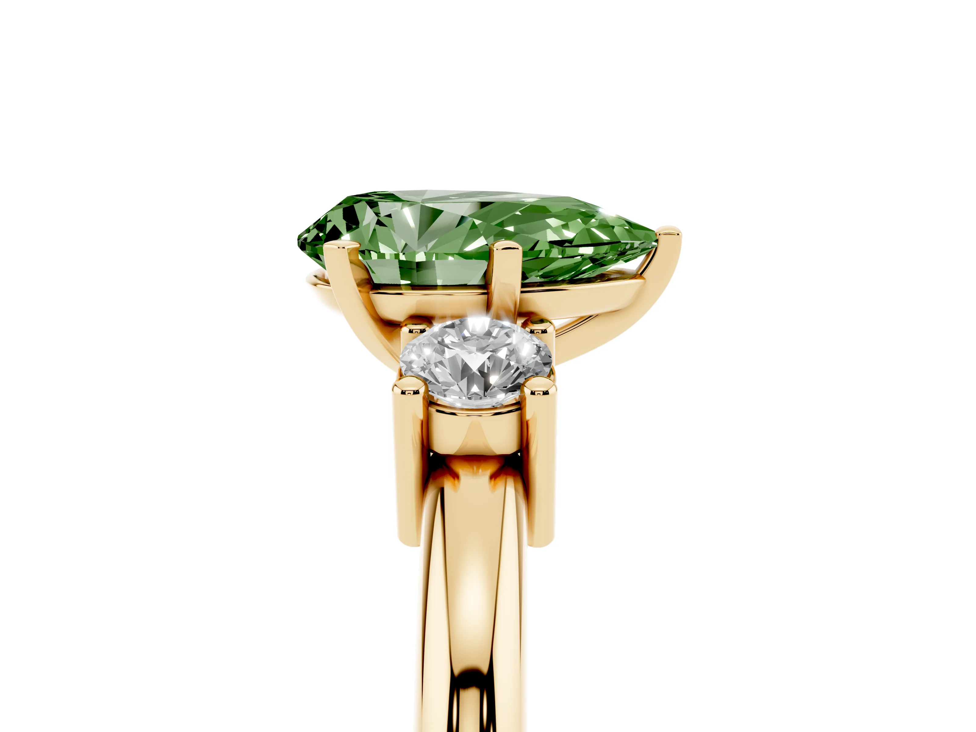 Fancy Green Three-Stone Pear Cut Diamond Ring Set in Yellow gold with Prong Setting and Plain Band