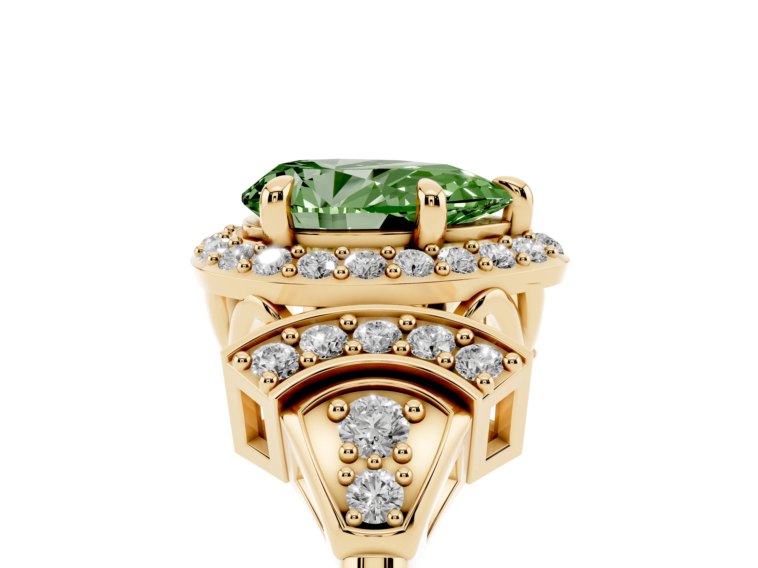 Fancy Green Pear Cut Diamond Halo Engagement Ring Set in Yellow gold with Accent Stone Split Shank