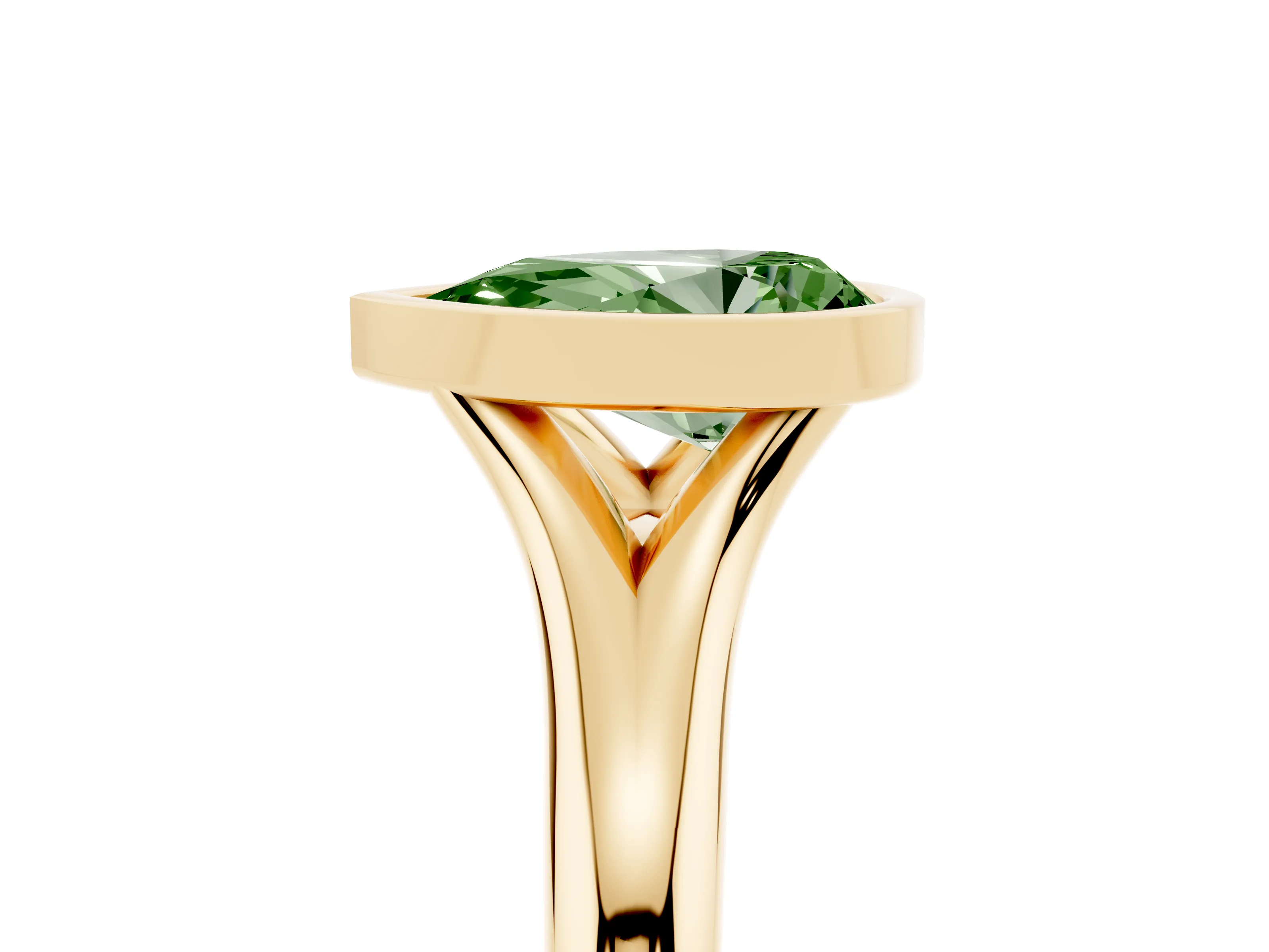 Fancy Green Bezel Set Pear Cut Diamond Solitaire Ring Set in Yellow gold with Smooth Band