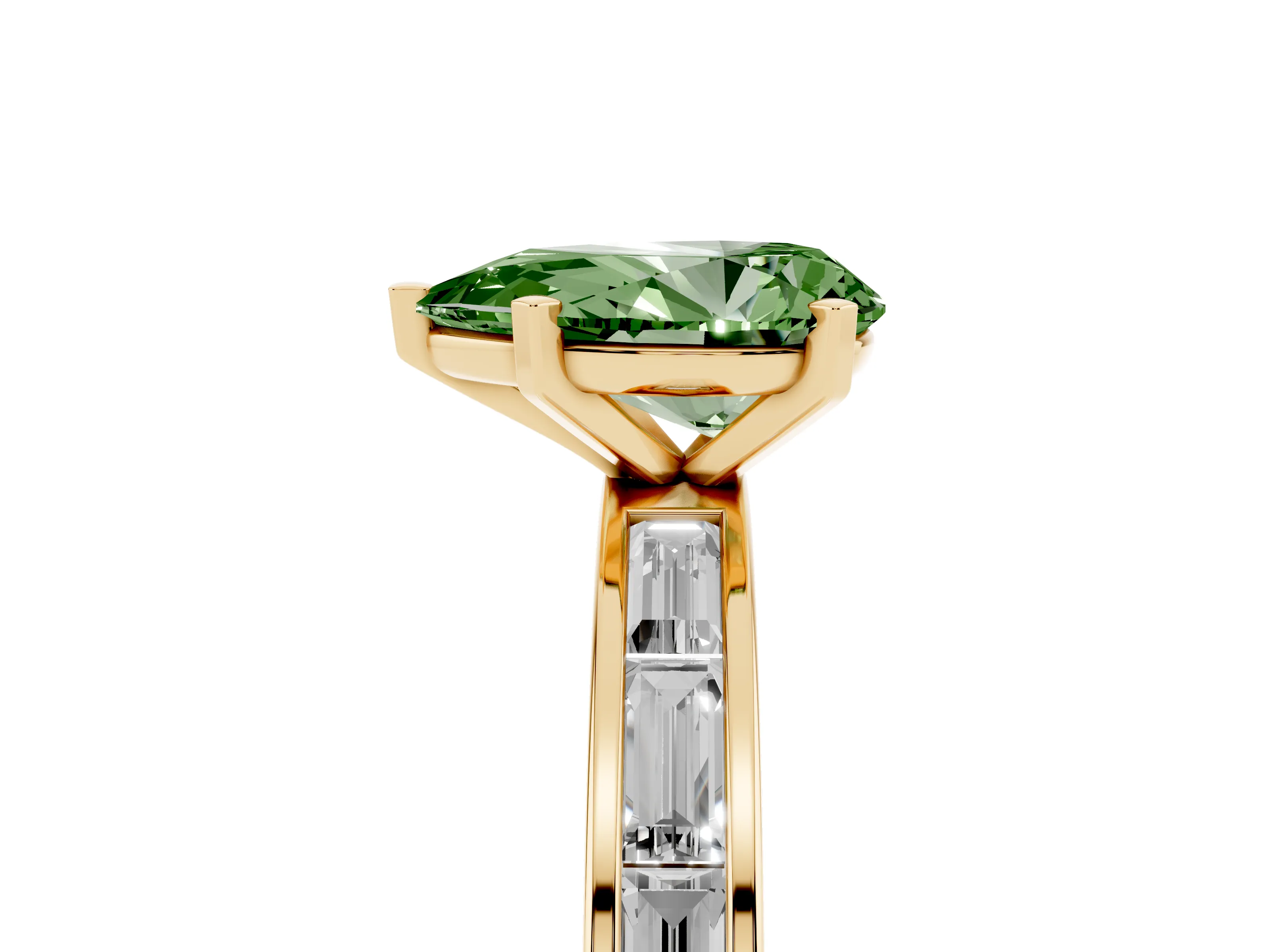 Fancy Green Pear Cut Diamond Solitaire Ring Set in Yellow gold with Channel-Set Baguette Band and Prong Setting