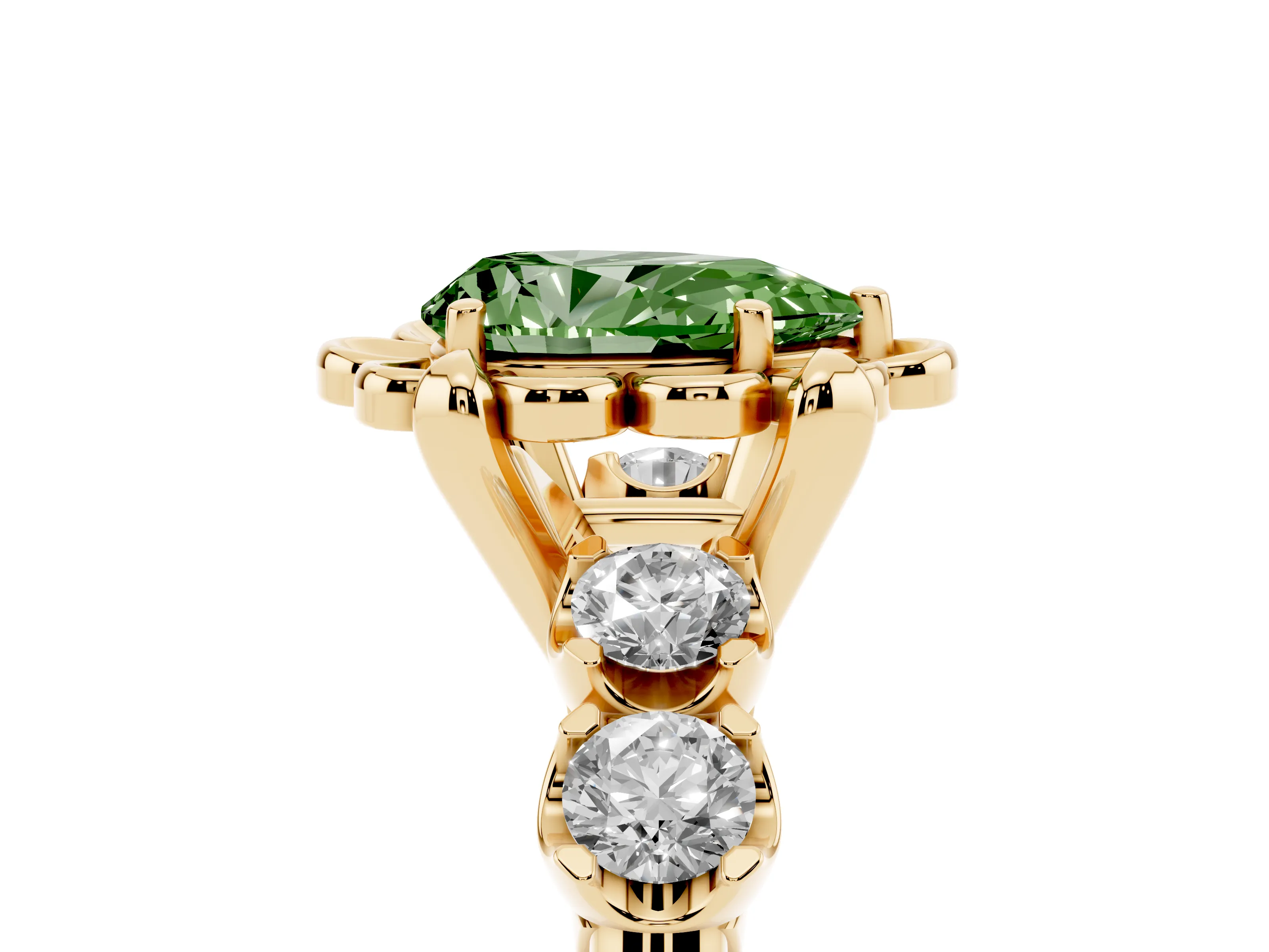 Fancy Green Pear Cut Diamond Floral Halo Ring Set in Yellow gold with Shared Prong Band