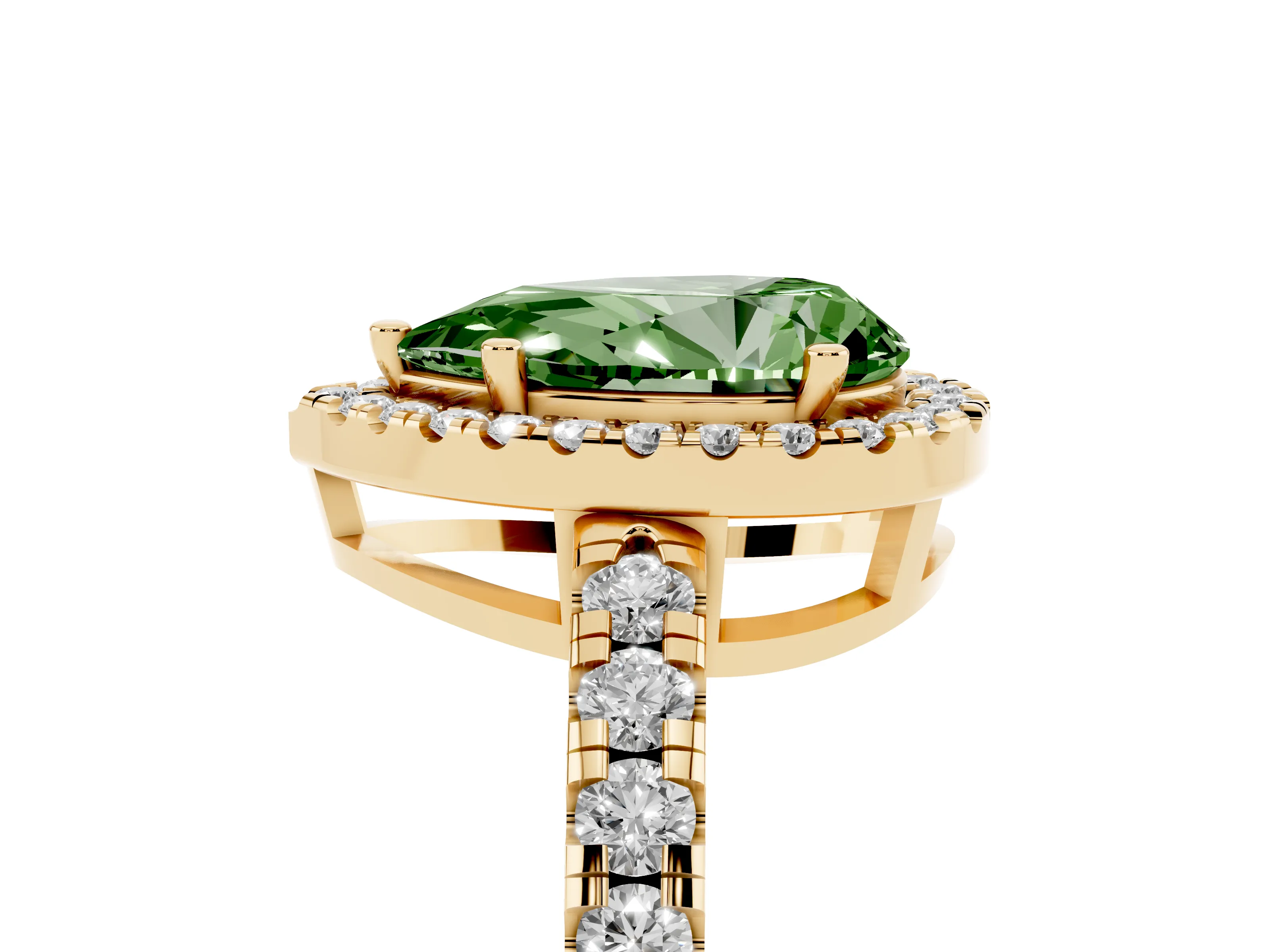 Fancy Green Pear Cut Diamond Halo Ring Set in Yellow gold with Delicate Pavé Band and Prong Setting