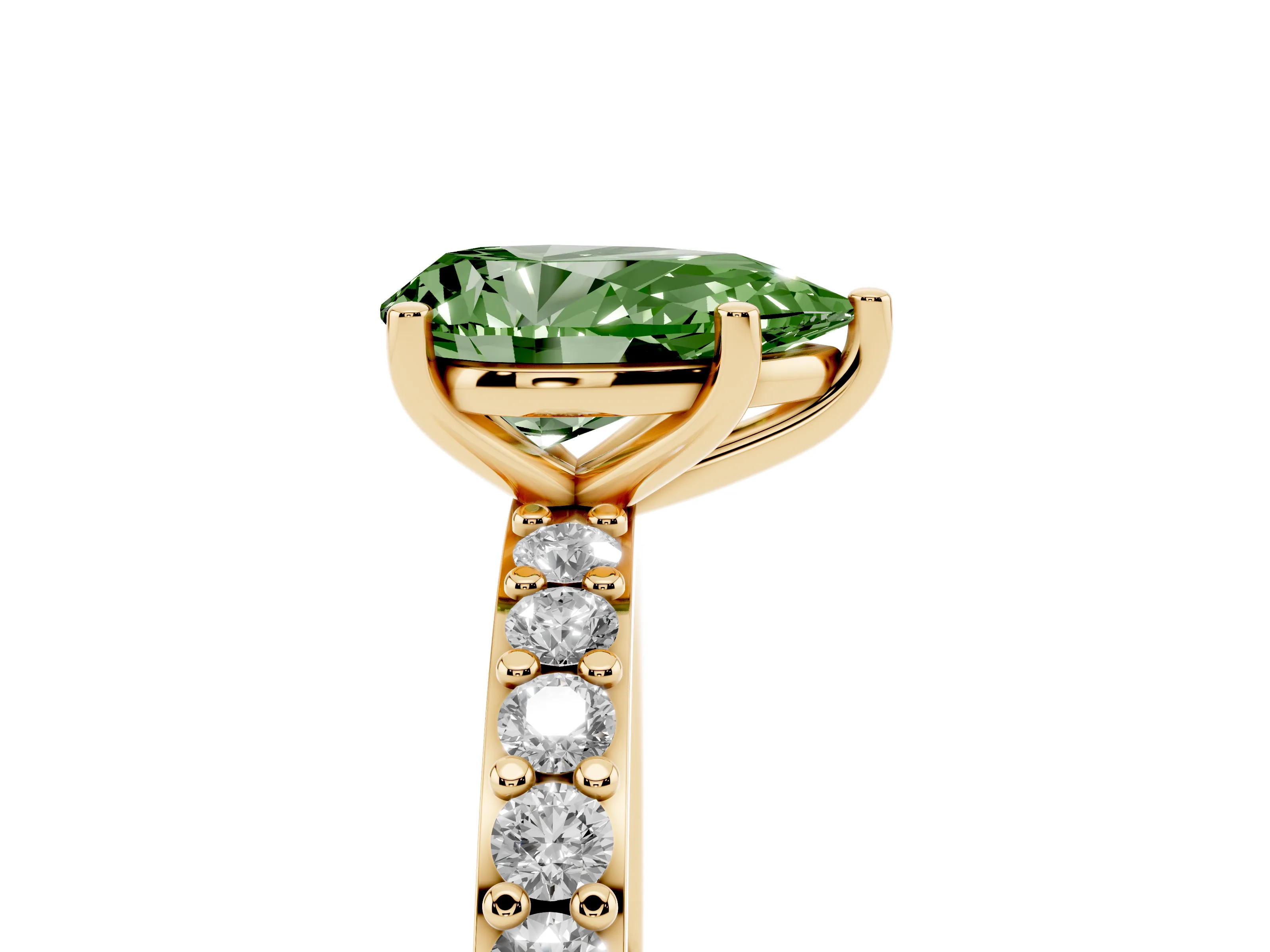 Fancy Green Pear Cut Diamond Solitaire Set in Yellow gold with Round Pavé Band and Prong Setting