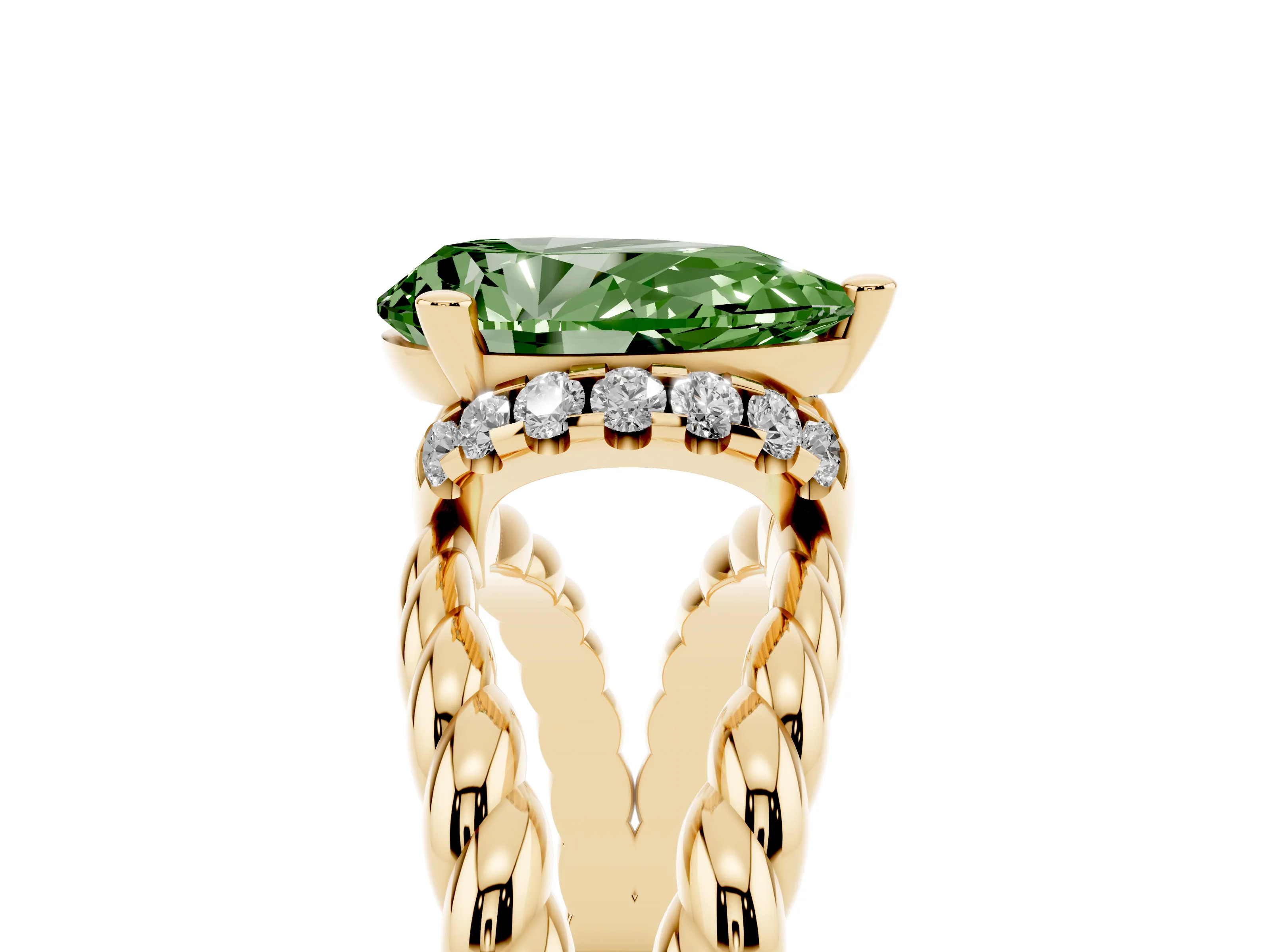 Fancy Green Pear Cut Diamond Halo Ring Set in Yellow gold with Twisted Band and Prong Setting