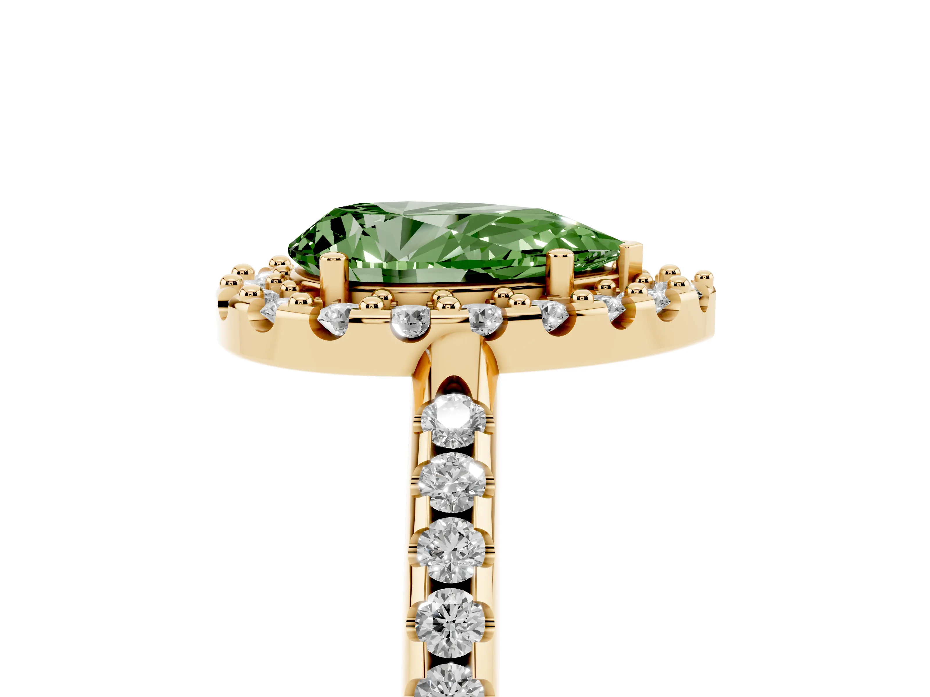 Fancy Green Pear Cut Diamond Pavé Halo Ring Set in Yellow gold with Prong Setting