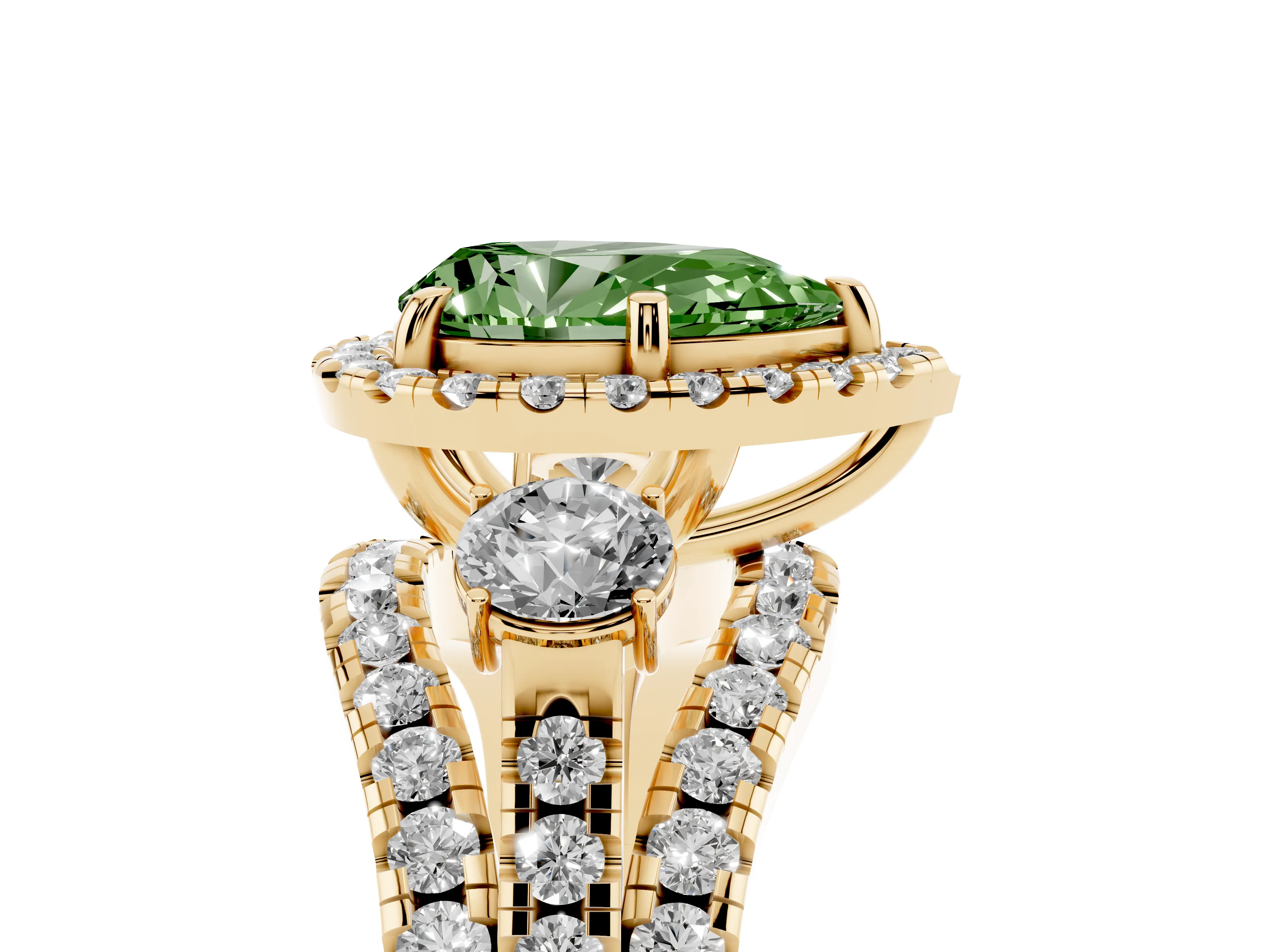 Fancy Green Pear Cut Diamond Halo Split Shank Ring Set in Yellow gold with Round Accent Stones and Prong Setting