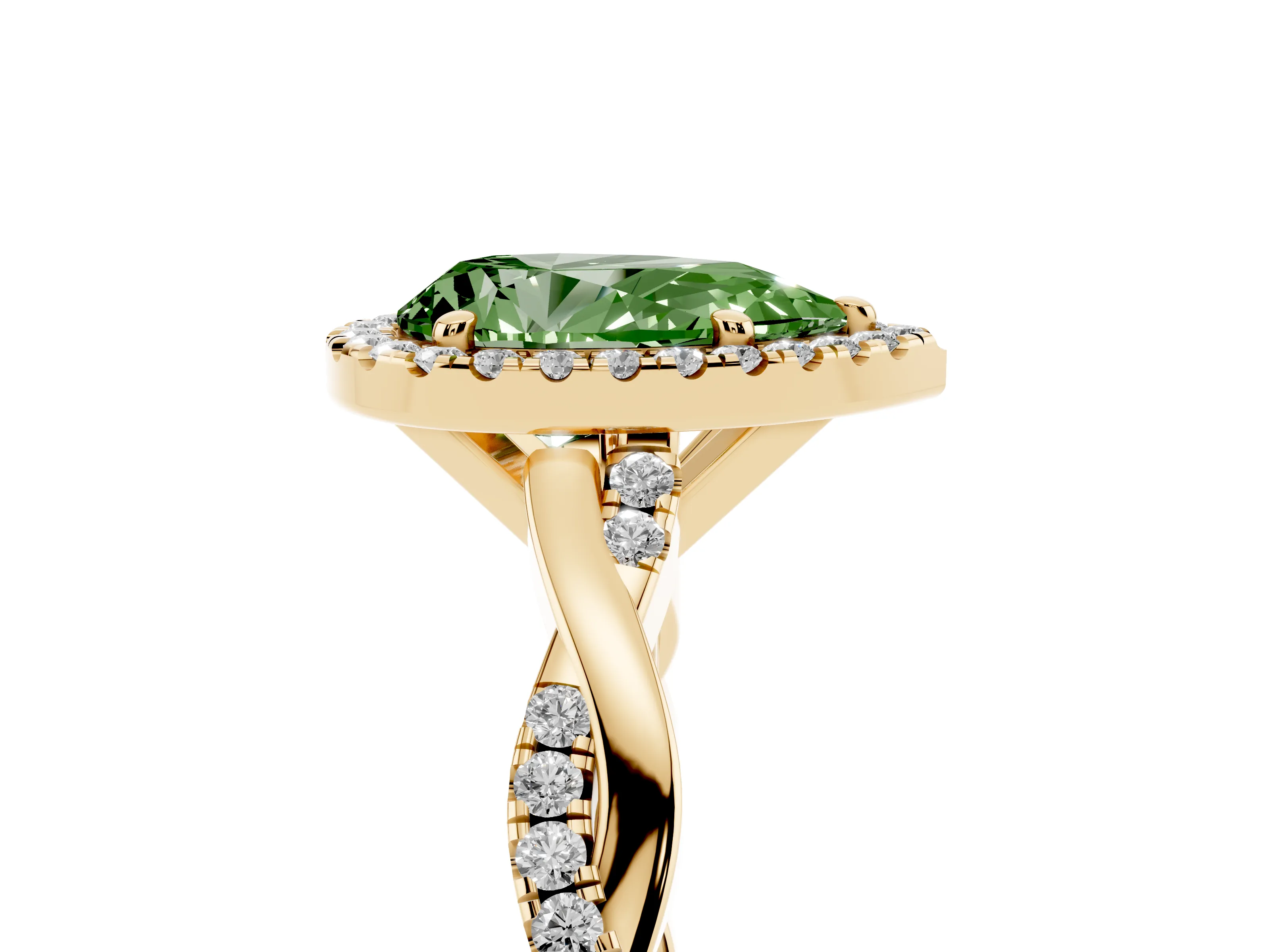 Fancy Green Pear Cut Diamond Halo Twisted Band Ring Set in Yellow gold with Prong Setting