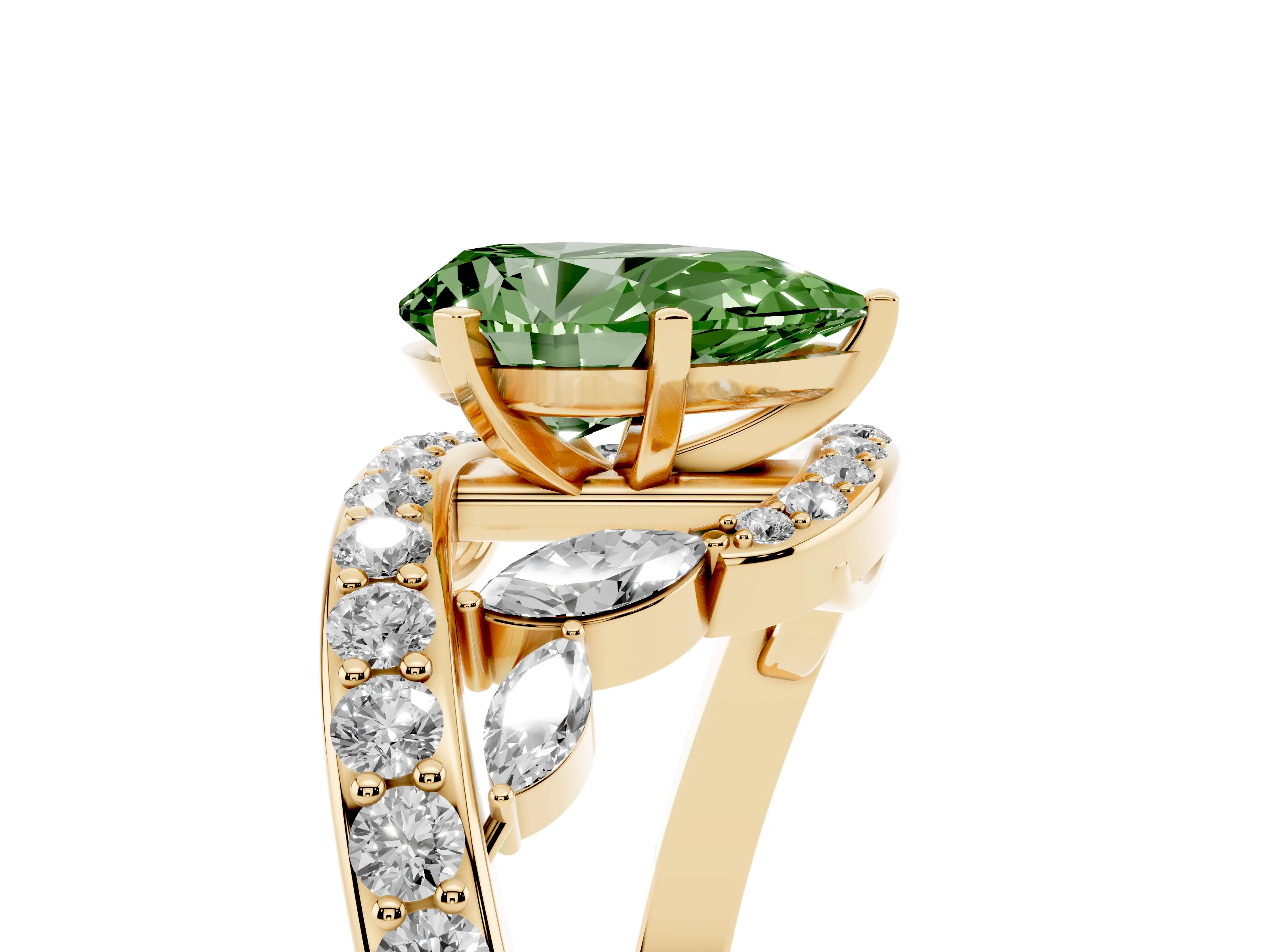 Fancy Green Pear Cut Diamond Solitaire Ring Set in Yellow gold with Pavé Twist Band and Secure Prong Setting