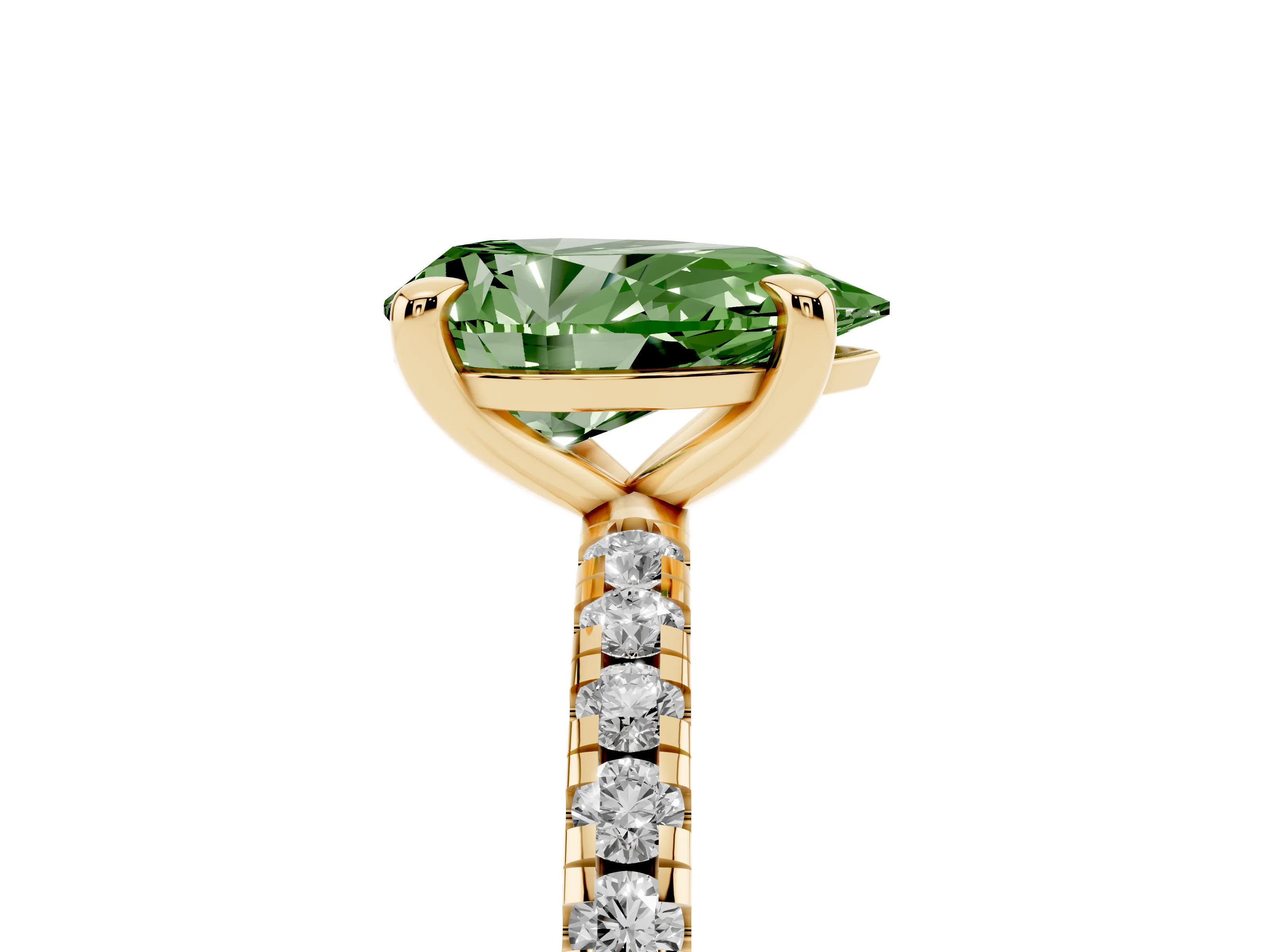 Fancy Green Pear Cut Diamond Brilliant Solitaire Ring Set in Yellow gold with Pavé Band and Prong Setting