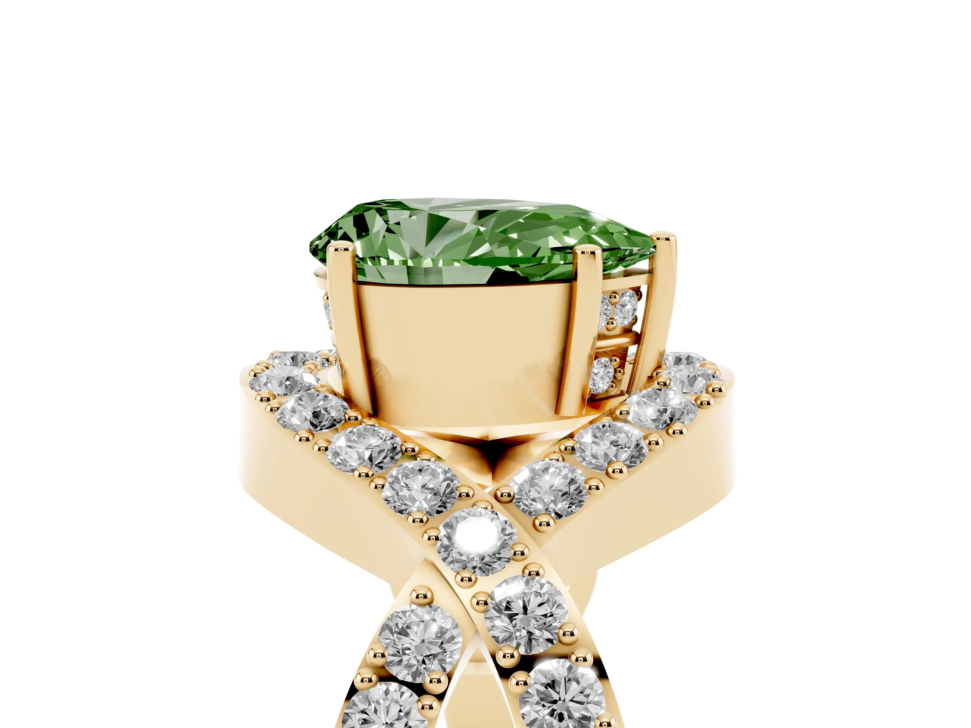 Fancy Green Pear Cut Diamond Solitaire Twist Band Pavé Engagement Ring Set in Yellow gold