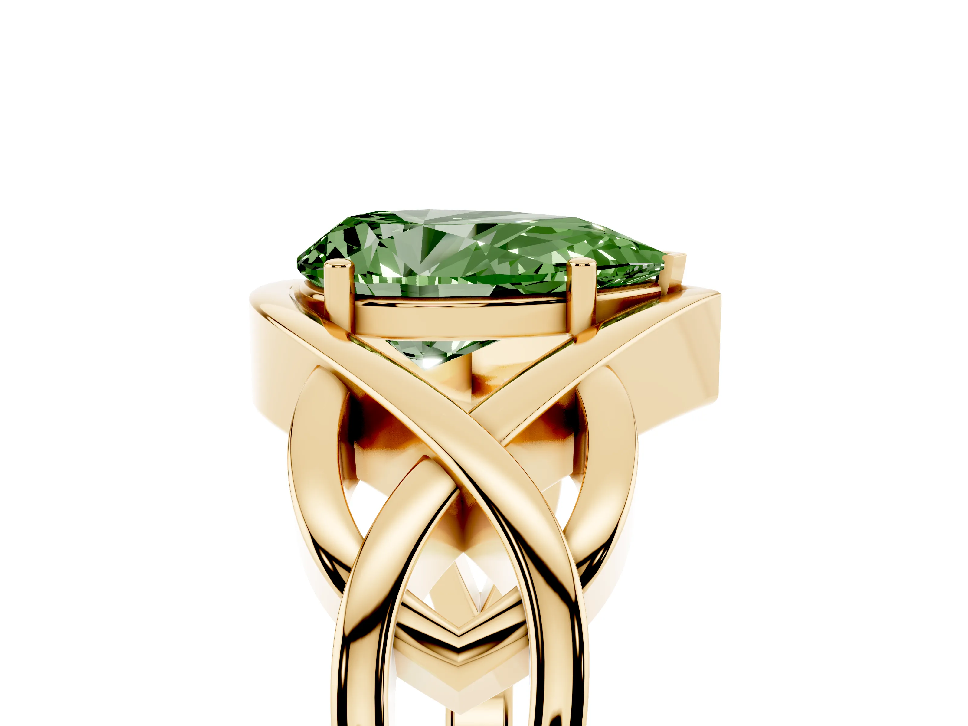 Fancy Green Pear Cut Diamond Solitaire Ring Set in Yellow gold with Intertwined Band
