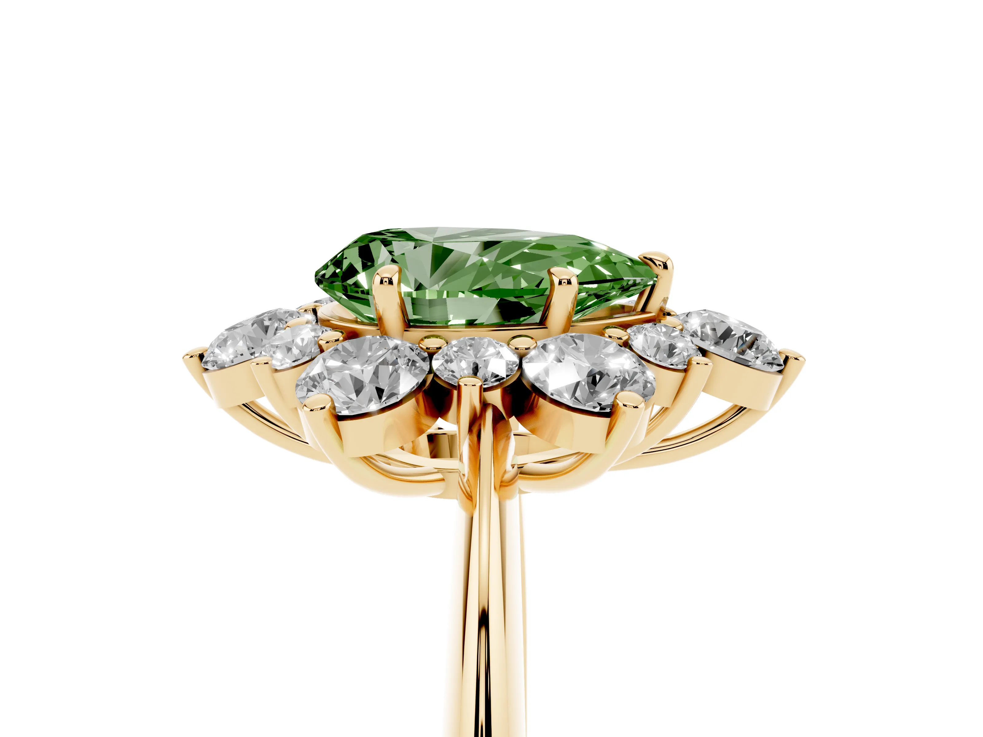 Fancy Green Pear Cut Diamond Cluster Halo Ring Set in Yellow gold with Solitaire Band and Prong Setting