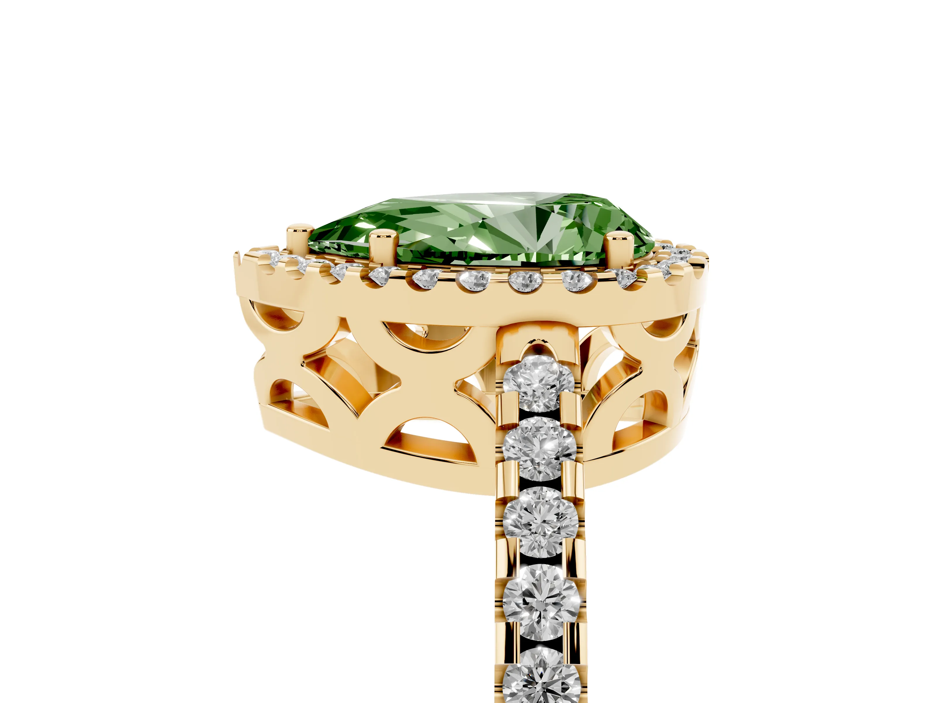 Fancy Green Pear Cut Diamond Halo Ring Set in Yellow gold with Pavé Shoulders and Halo-Framed Center