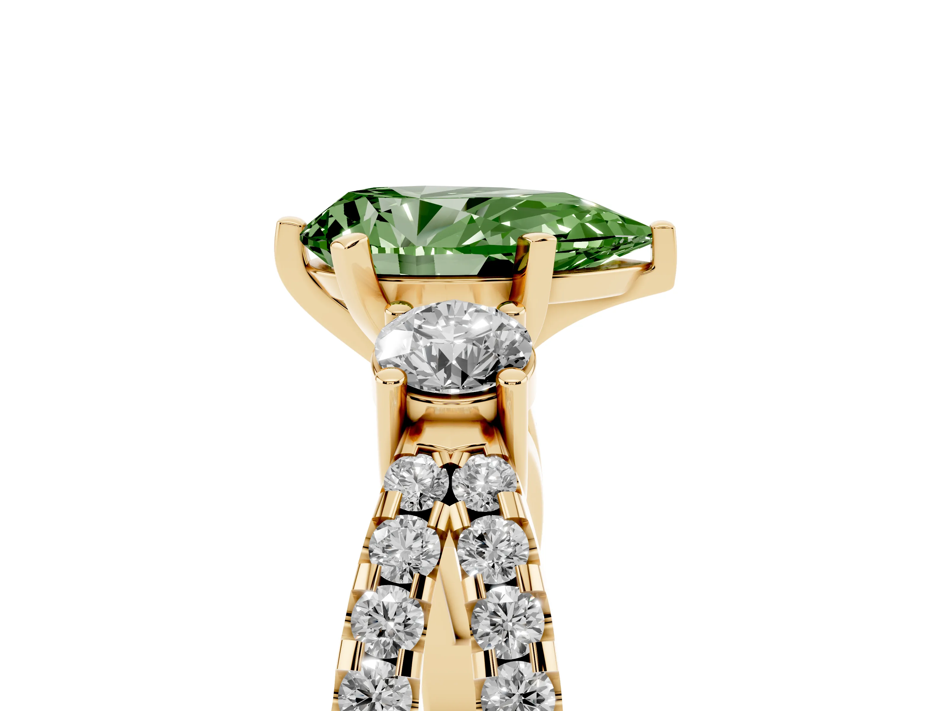 Fancy Green Pear Cut Diamond Three-Stone Ring Set in Yellow gold with Pavé Split Shank and Prong Setting