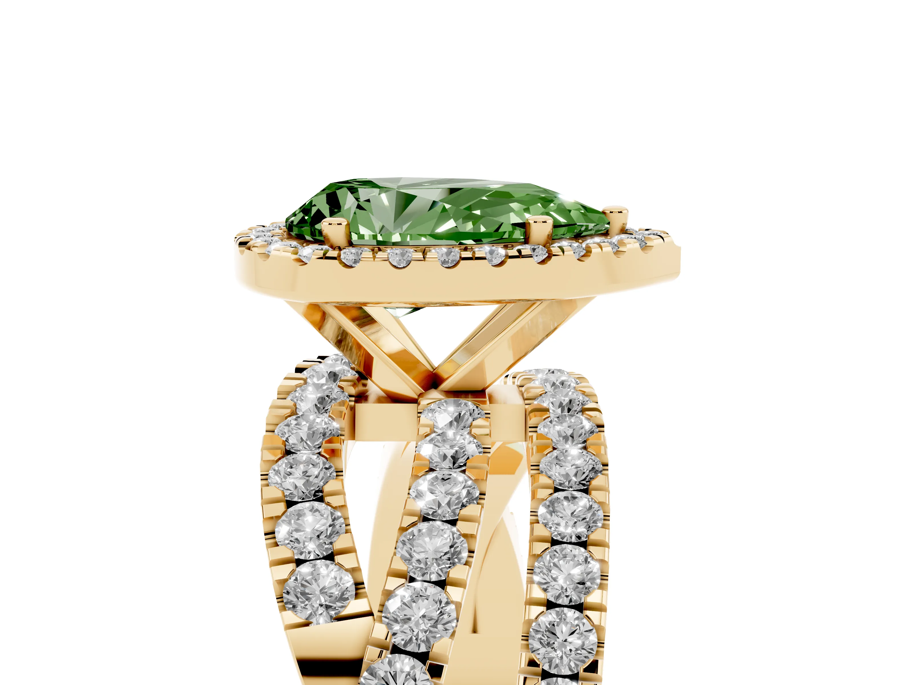 Fancy Green Pear Cut Diamond Halo Ring Set in Yellow gold with Round Crossover Split Shank and Prong Setting