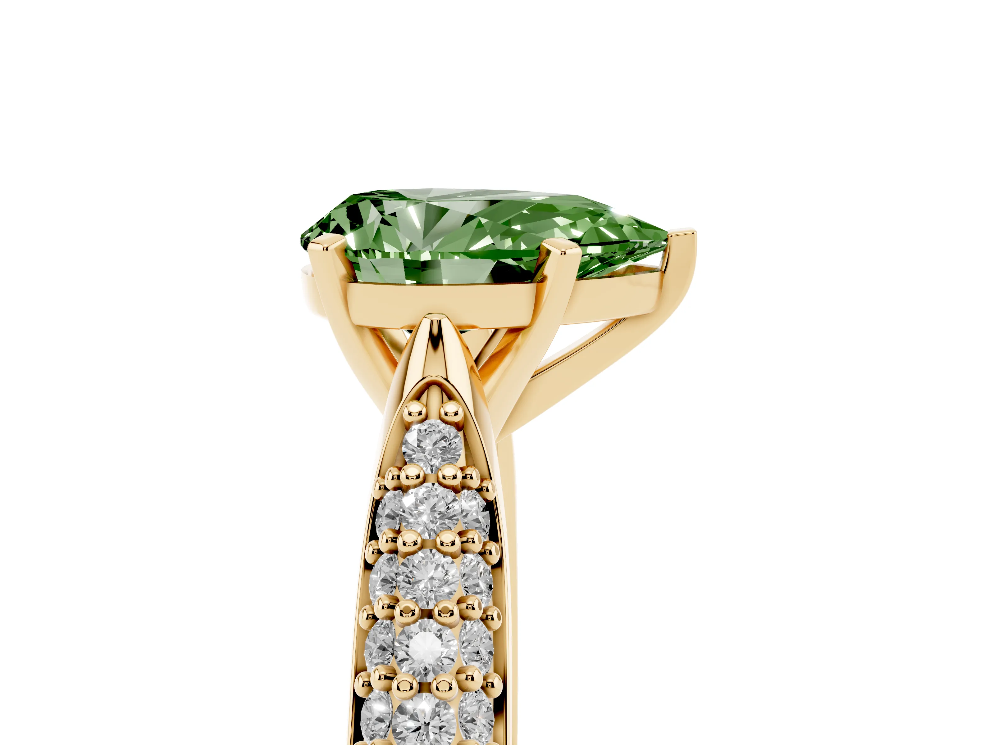 Fancy Green Pear Cut Diamond Solitaire Engagement Ring Set in Yellow gold with Multi-Row Round Pavé Band and Prong Setting
