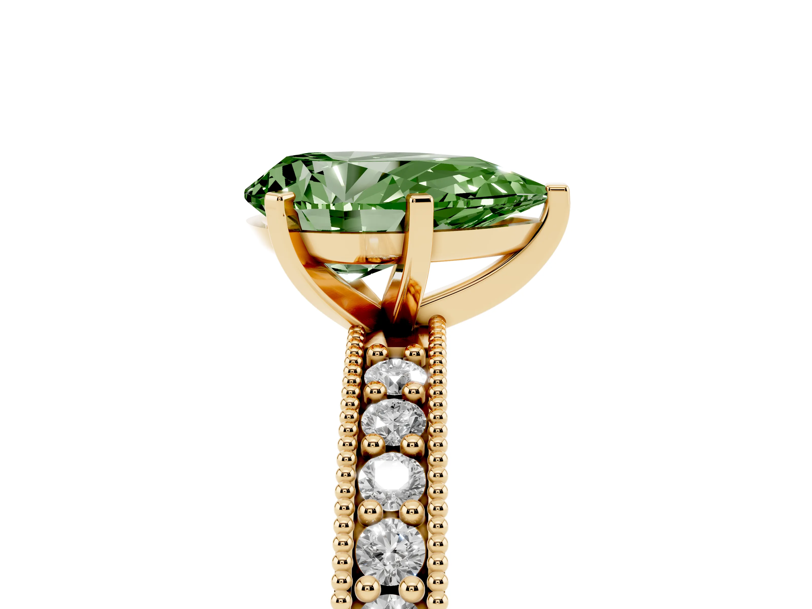 Fancy Green Pear Cut Diamond Milgrain Pavé Engagement Ring Set in Yellow gold with Prong Setting