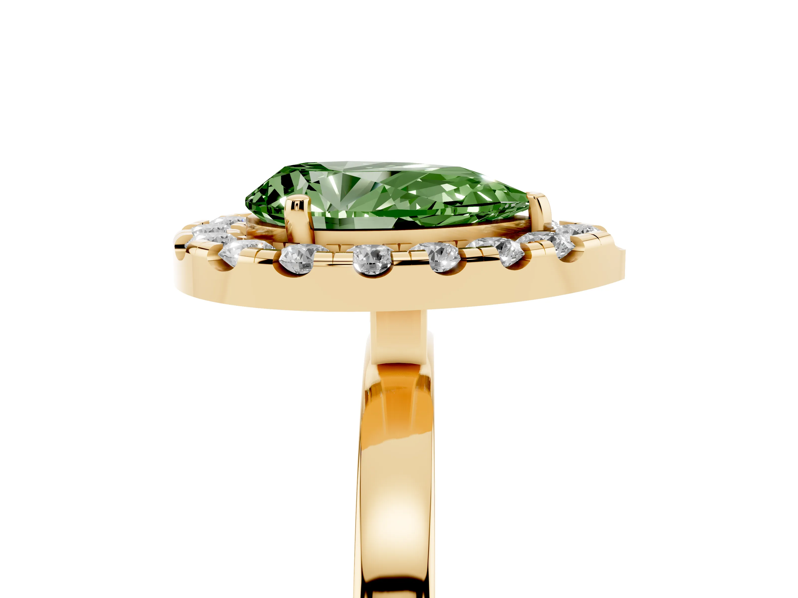 Fancy Green Pear Cut Diamond Halo Solitaire Ring Set in Yellow gold with Pavé Band and Prong Setting